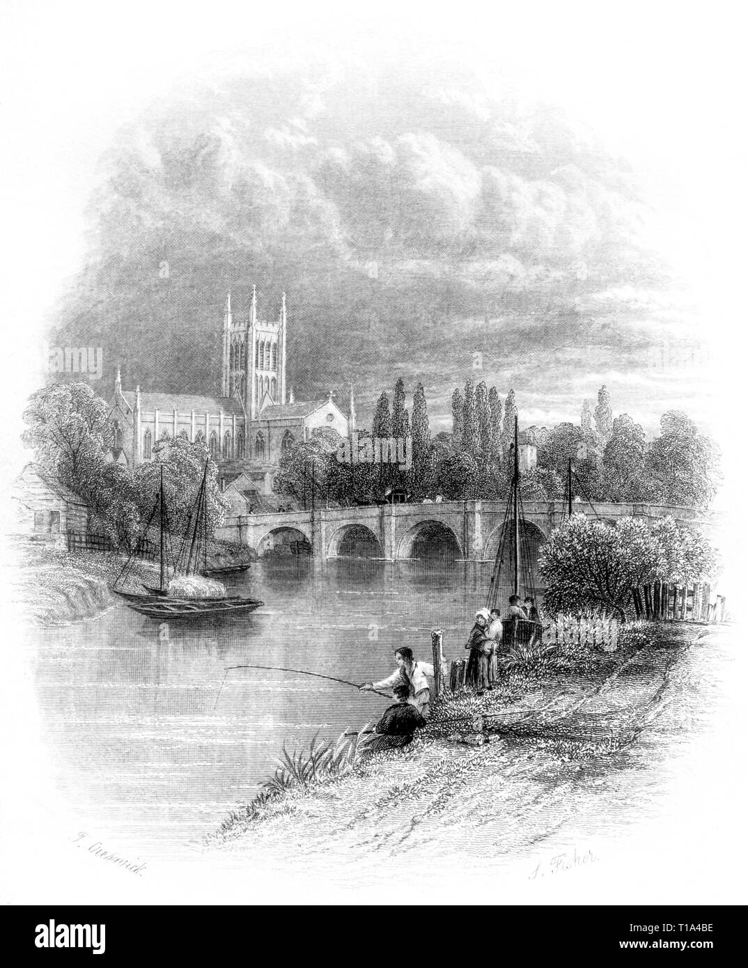 Engraving of Hereford on the banks of the River Wye, Herefordshire UK scanned at high res. from a book published in 1841.. Believed copyright free. Stock Photo