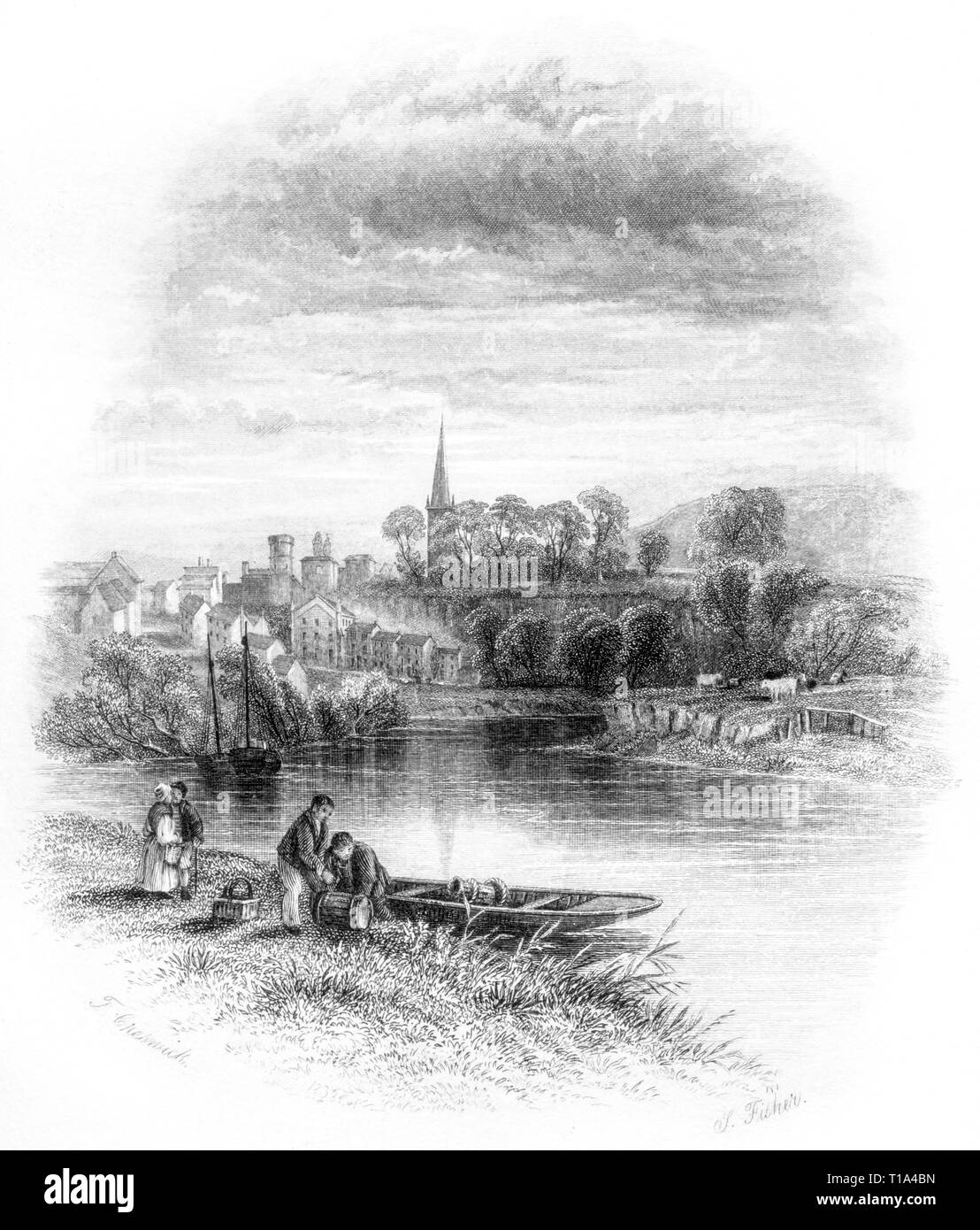 An engraving of Ross on Wye, Herefordshire UK scanned at high resolution from a book published in 1841. Believed copyright free. Stock Photo
