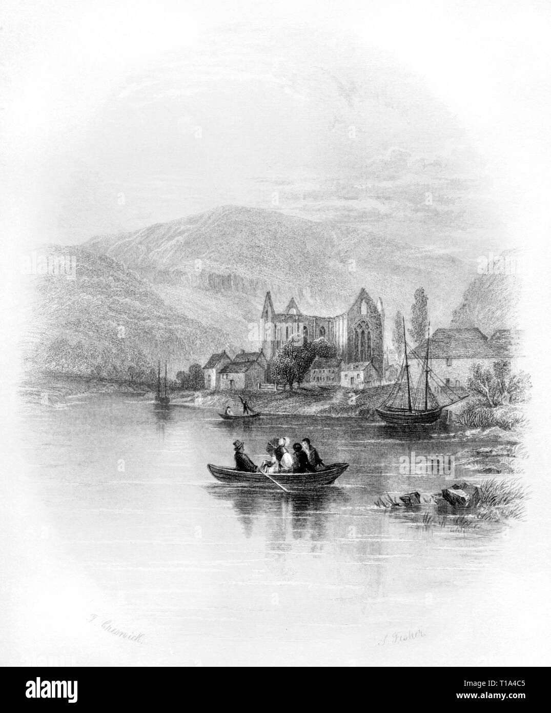 An engraving of Tintern Abbey on the banks of the River Wye, Monmouthshire, Wales UK scanned at high resolution from a book published in 1841. Stock Photo