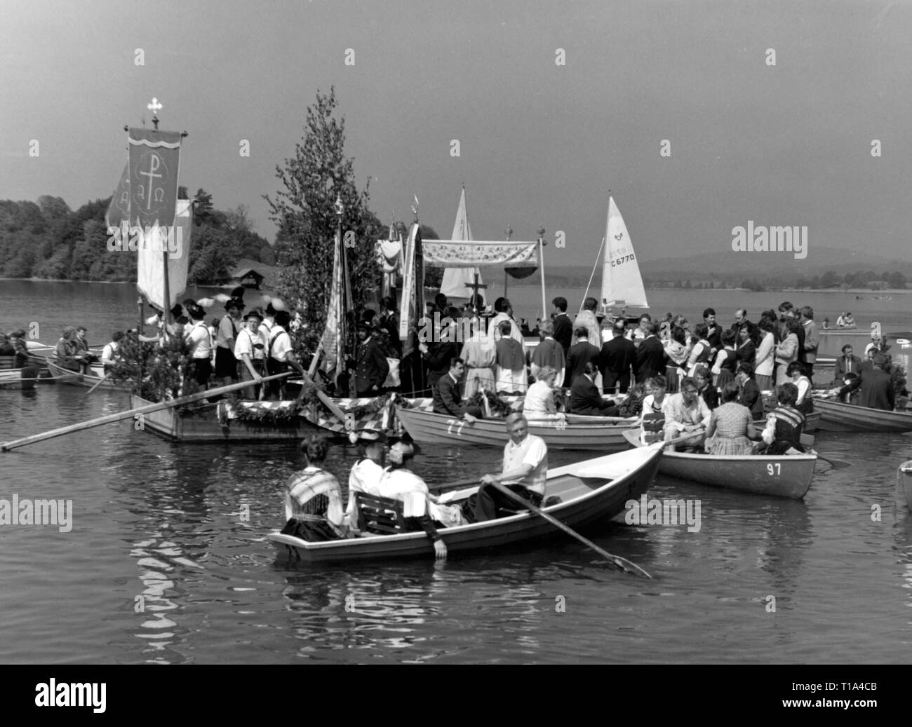 religion, Christianity, ecclesial feasts, lake procession on Corpus Christi day, Staffelsee, circa 1970, Additional-Rights-Clearance-Info-Not-Available Stock Photo