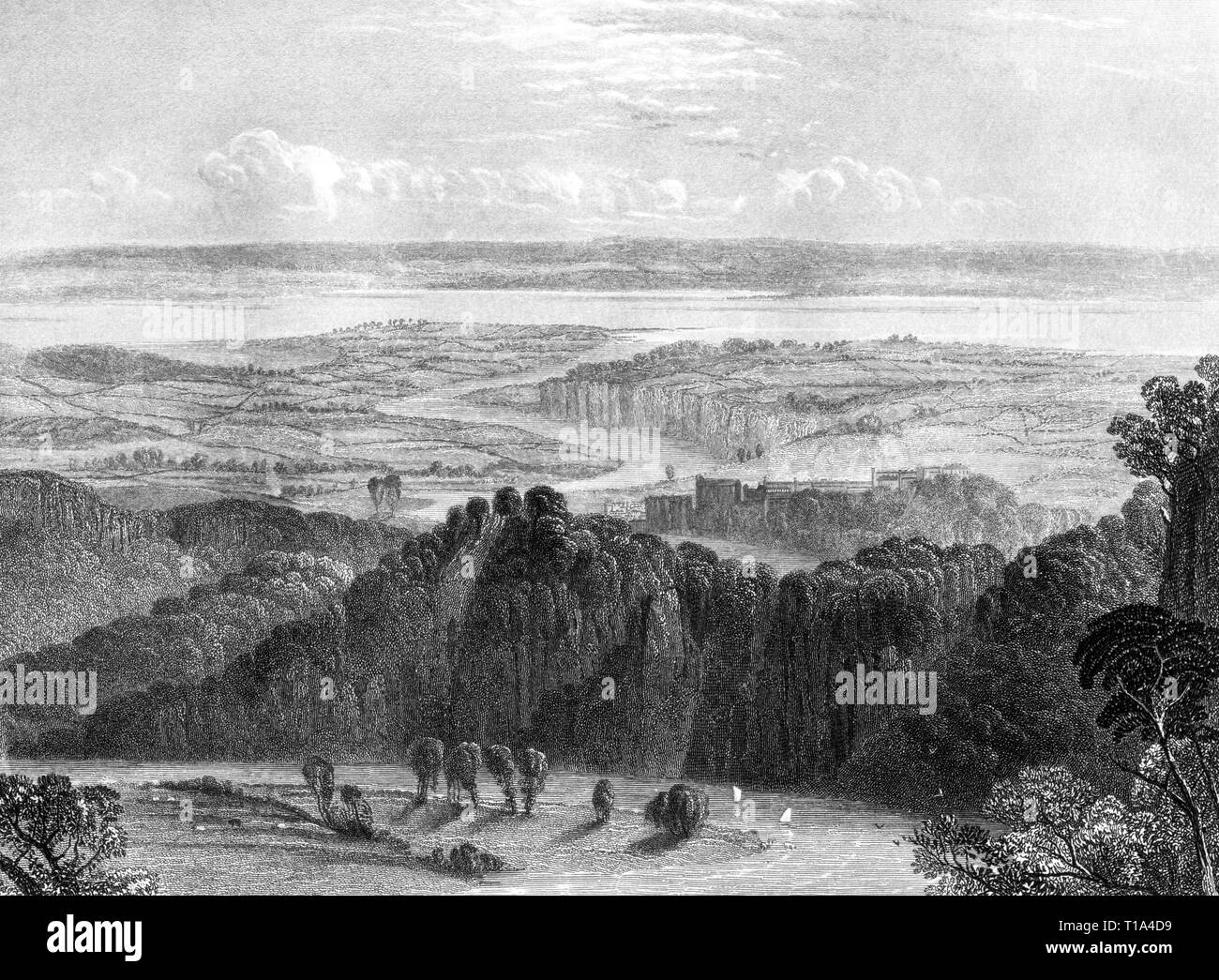Engraving of the View from Windcliff (Wynd Cliff) in the Wye Valley, Monmouthshire, Wales UK scanned at high resolution from a book published in 1825. Stock Photo