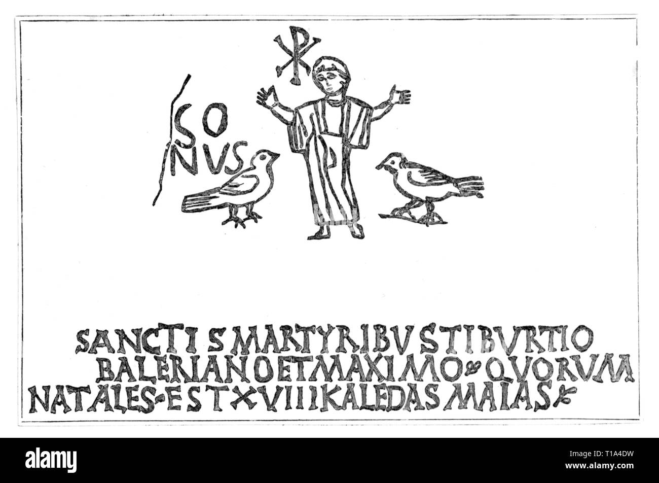 religion, Christianity, persecution of Christians, inscription with Chi Rho and doves, catacomb, Rom, Additional-Rights-Clearance-Info-Not-Available Stock Photo