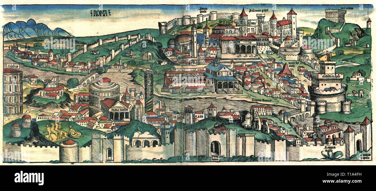 geography / travel historic, Italy, cities and communities, Rome, city view, woodcut by Michael Wolgemut or Wilhelm Pleydenwurff to the chronicle of Hartmann Schedel, Nuremberg, 1493, Artist's Copyright has not to be cleared Stock Photo