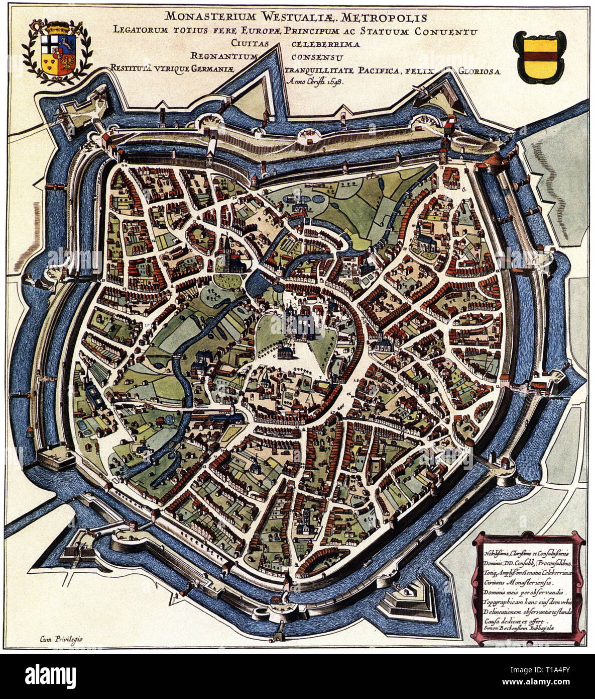 geography / travel historic, Germany, cities and communities, Muenster, view, coloured copper engraving after etching by Everhard Alderdinck, printed by Simon Beckstein, Emden, 1648, Artist's Copyright has not to be cleared Stock Photo