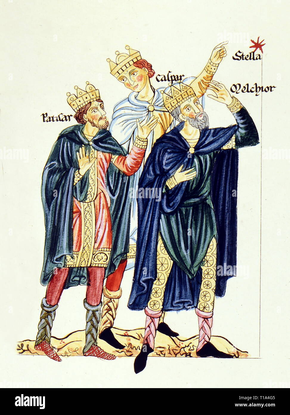 religion, biblical scene, the three Magi, coloured copper engraving by Christian Moritz Engelhardt, 1818, detail, based on miniature, Hortus deliciarum the Herrad of Landsberg, circa 1180, Bavarian National Museum, Munich, Artist's Copyright has not to be cleared Stock Photo