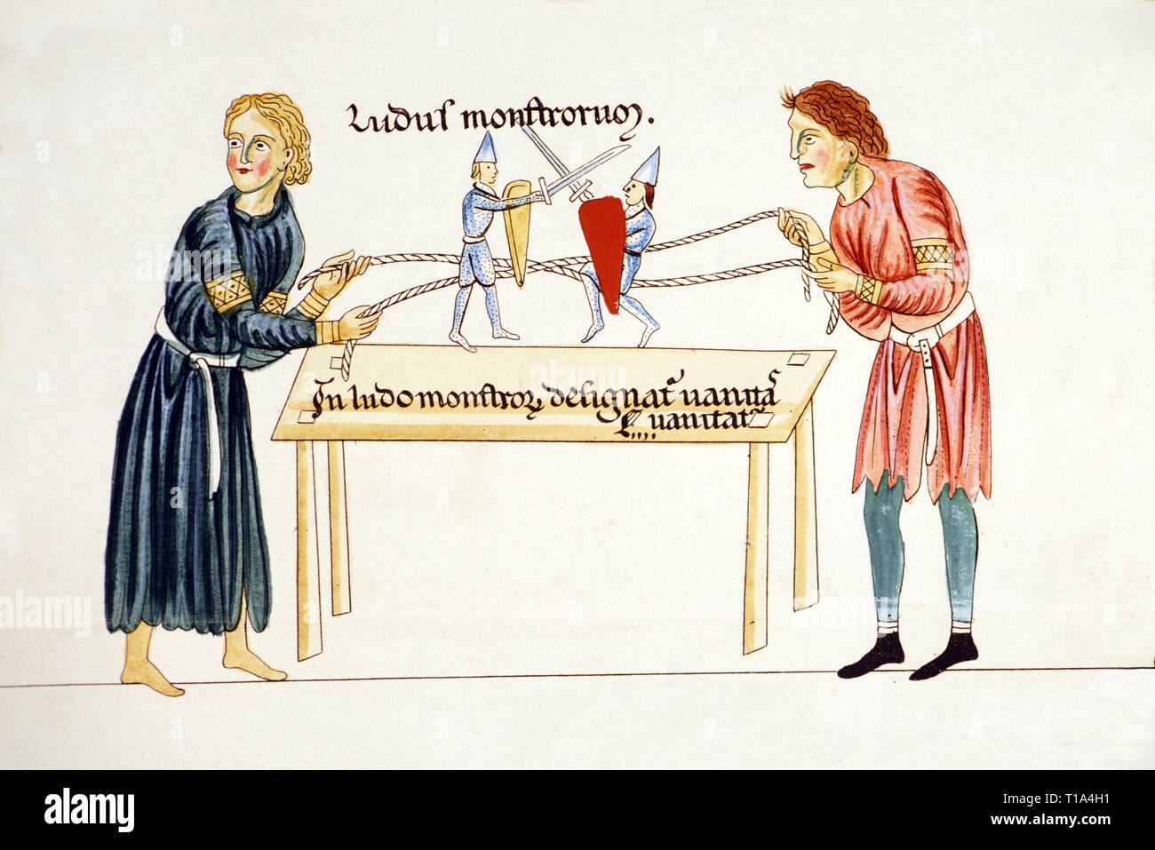Middle Ages, society, noble boys playing with string puppets, copper engraving by Christian Moritz Engelhardt, 1818, detail, based on miniature, Hortus deliciarum of Herrad of Landsberg, circa 1180, Bavarian National Museum Munich, Artist's Copyright has not to be cleared Stock Photo