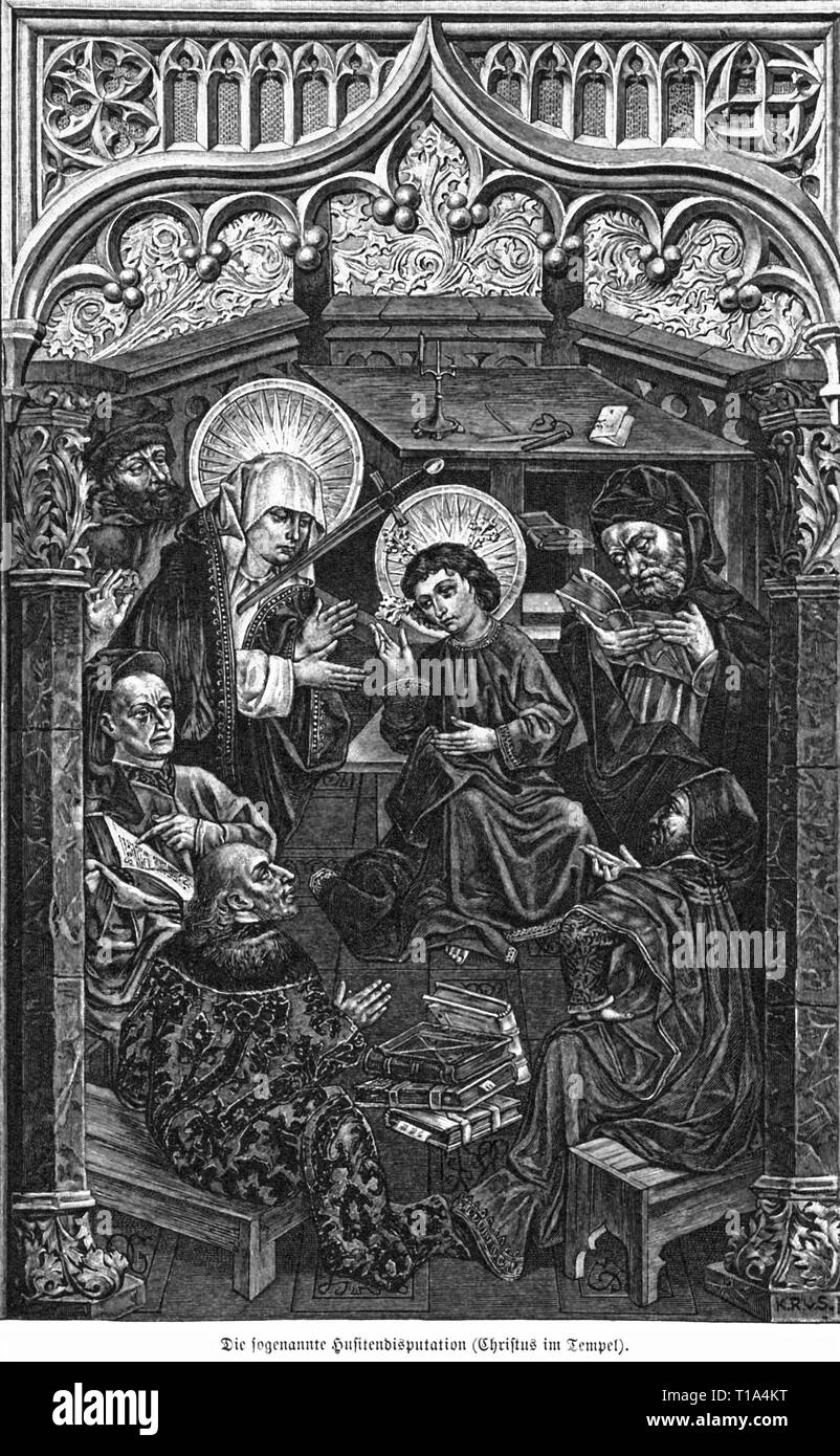 religion, Christianity, Jesus Christ, scenes of his life, Christ in the temple, so called Hussite disputation from the Wawel, Krakow, wood engraving, by Karl von Siegl (1851 - 1943), Vienna, 1898,  woman, women, female, men, man, male, manly, boy, boys, people, Messiah, Saviour, Redeemer, religious colloquy, colloquium religiosum, disputation, disputations, 19th century, religion, religions, scenes, scene, life, lives, temple, temples, historic, historical, Artist's Copyright has not to be cleared Stock Photo