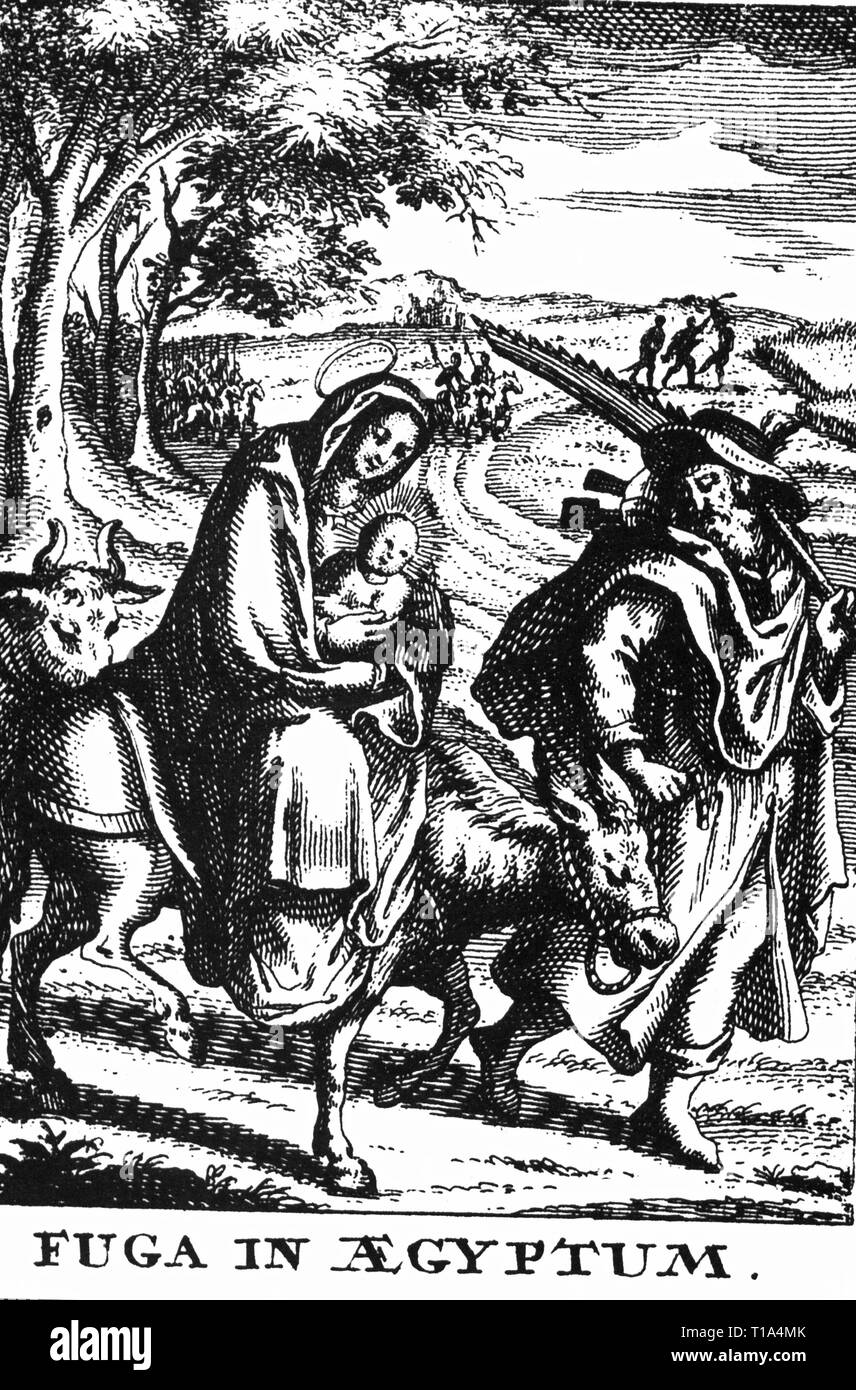 religion, Christianity, Mary and Joseph, flight into Egypt, engraving, Additional-Rights-Clearance-Info-Not-Available Stock Photo