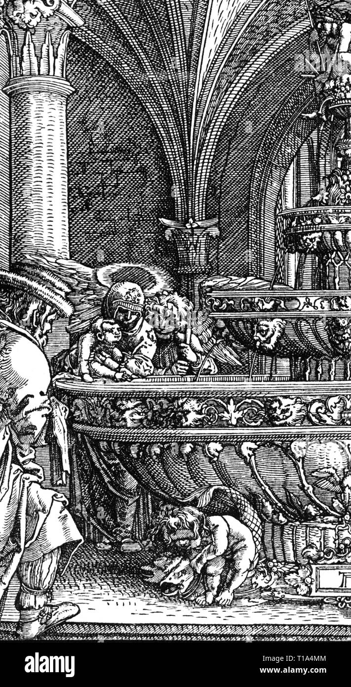 religion, Christianity, Jesus Christ, scenes of his life, holy family at the fountain, woodcut, by Albrecht Altdorfer (1480 - 1538), circa 1512 - 1515, 23.1 x 17.5 cm, detail, gallery of prints, Berlin, Additional-Rights-Clearance-Info-Not-Available Stock Photo