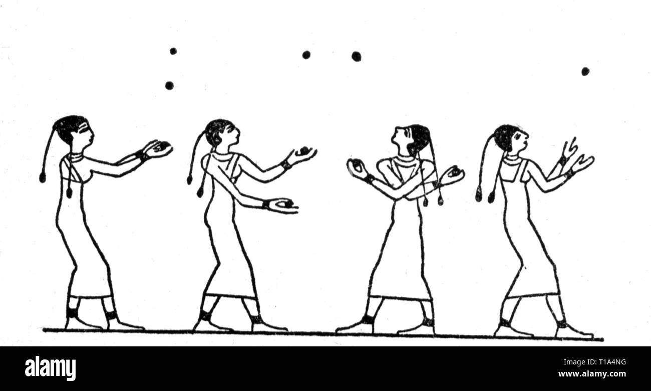sports, ball game, Egypt, four girls playing ball, drawing after tomb paintings, Beni Hassan, 12th Dynasty, circa 1950 - 1900 BC, Artist's Copyright has not to be cleared Stock Photo