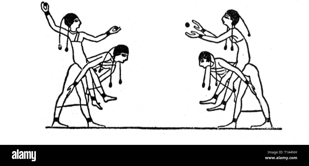 sports, ball game, Egypt, four girls playing ball piggyback, drawing after tomb paintings, Beni Hassan, 12th Dynasty, circa 1950 - 1900 BC, Artist's Copyright has not to be cleared Stock Photo
