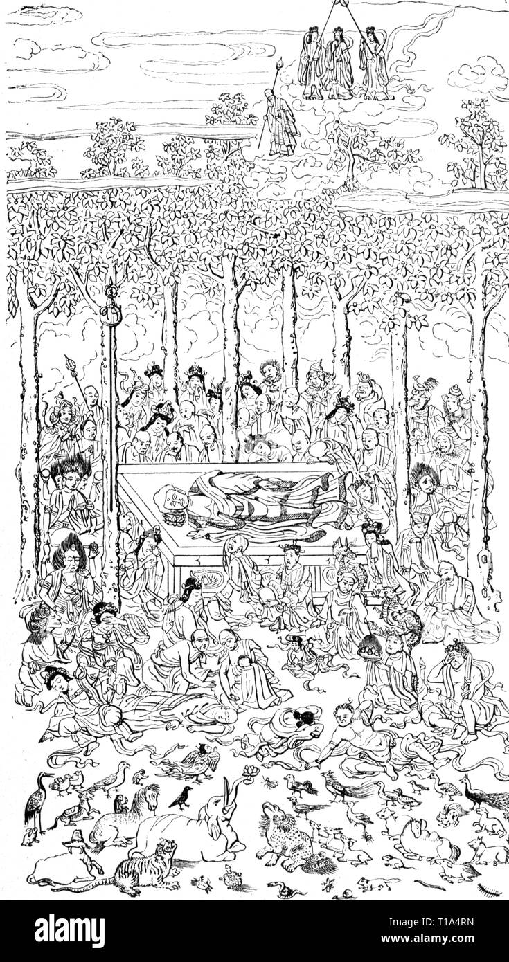 religion, Buddhism, Nirvana of the Buddha, adapted from painting, Japan, wood engraving, 19th century, Artist's Copyright has not to be cleared Stock Photo