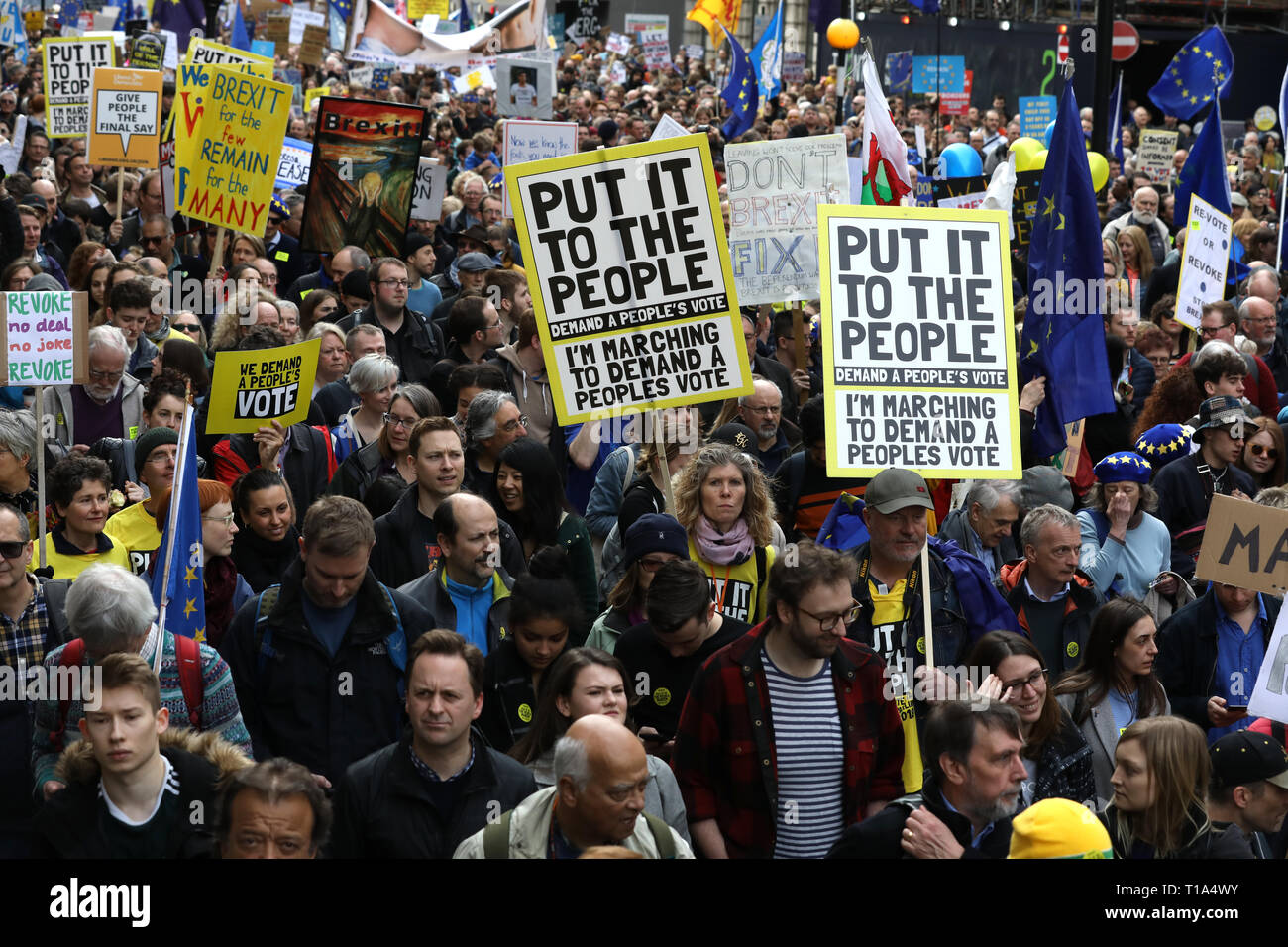 Thousands of Anti-Brexit demonstrators march through London protesting for a People’s Vote on the outcome of the Brexit referendum, London, England UK Stock Photo