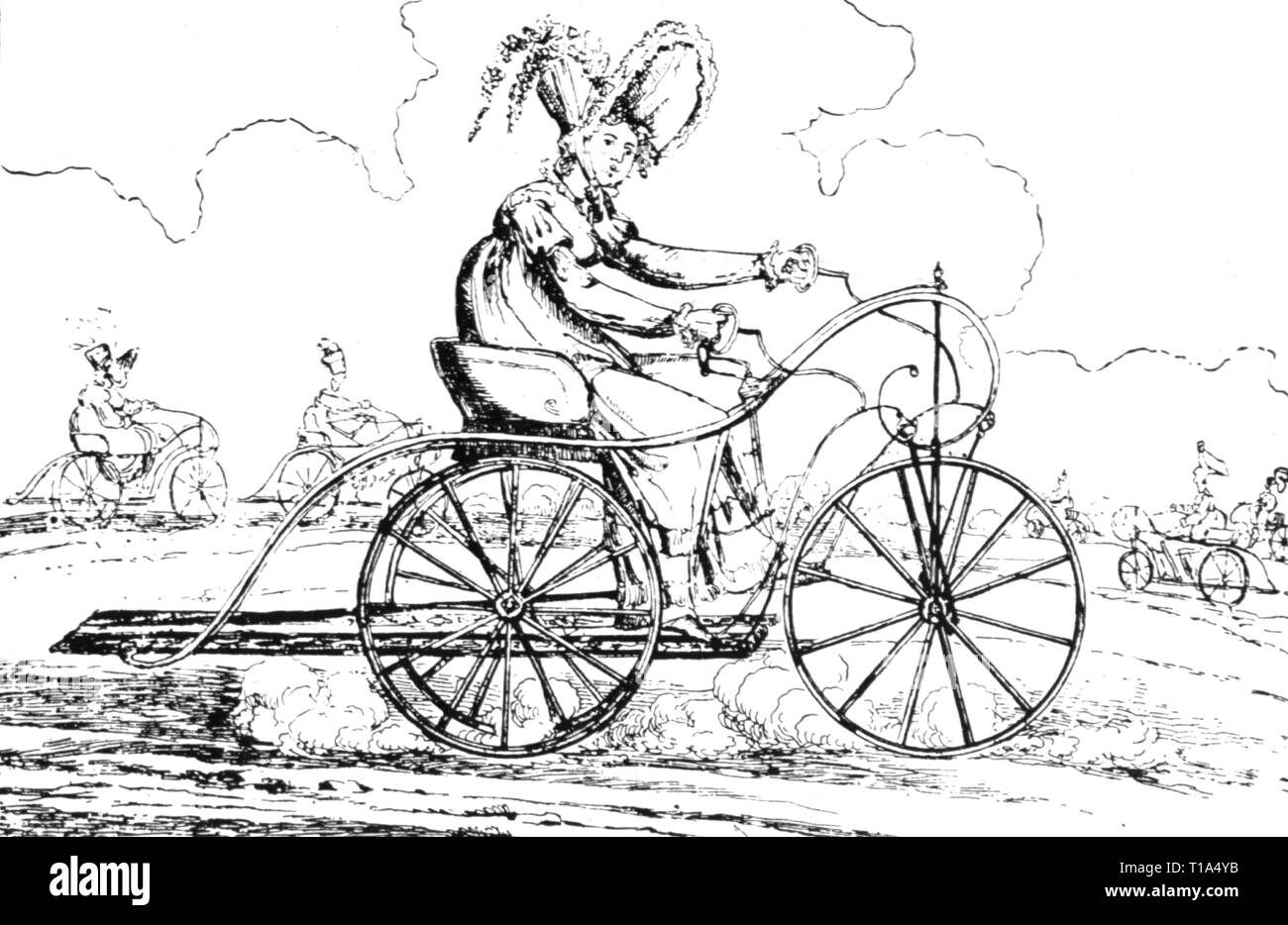 transport / transportation, bicycle, tricycle, caricature, The Ladies' Hobby, drawing by Thomas Rowlandson, England, 1819, Additional-Rights-Clearance-Info-Not-Available Stock Photo