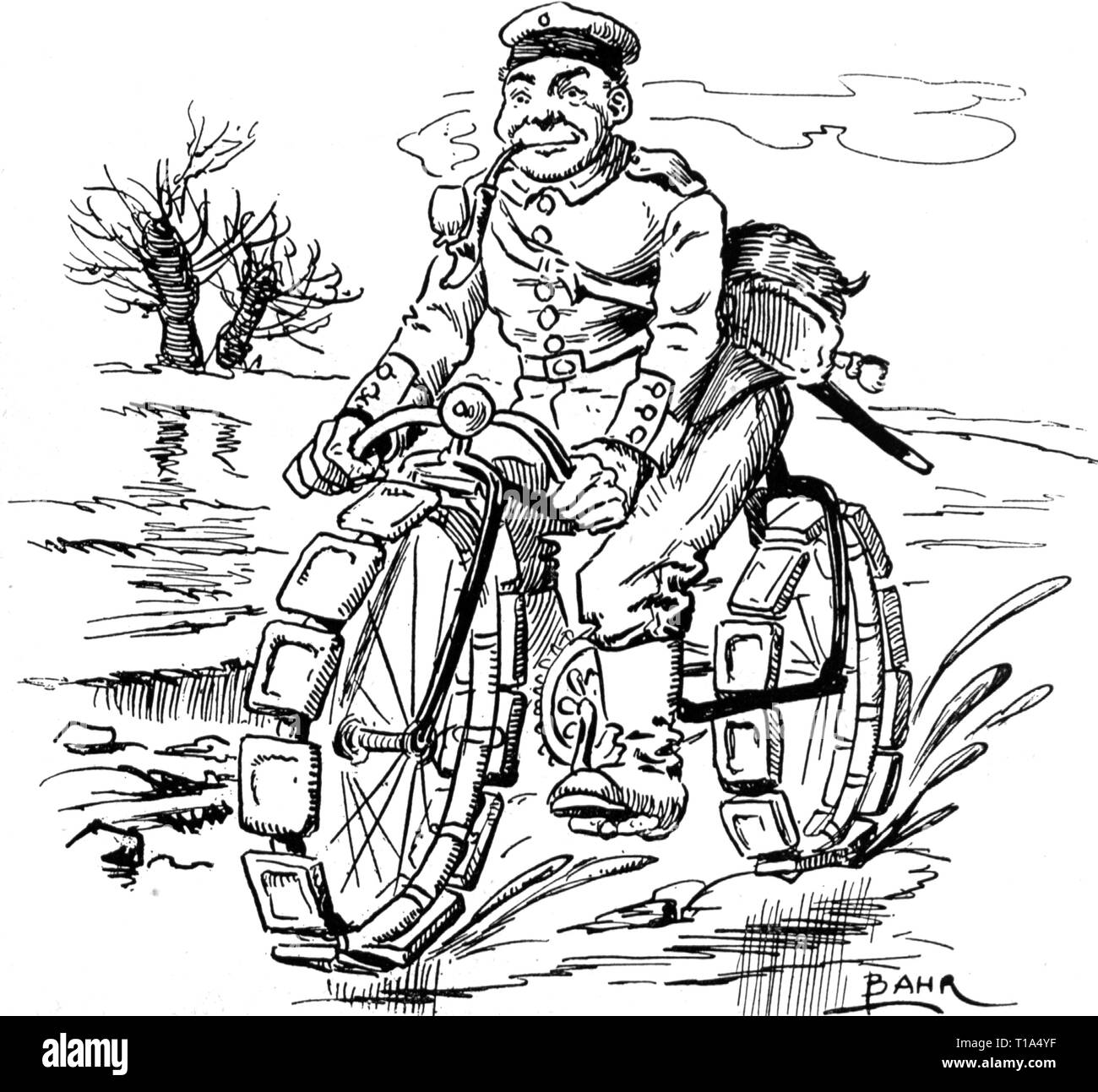 First World War / WWI, military, soldiers, dispatcher, caricature, 'After famous samples: How the dispatch rider Strampfer knows to help himself on the bottomless country roads of Poland', drawing by Bahr, Lustige Blaetter, Berlin, 22.2.1915, Additional-Rights-Clearance-Info-Not-Available Stock Photo