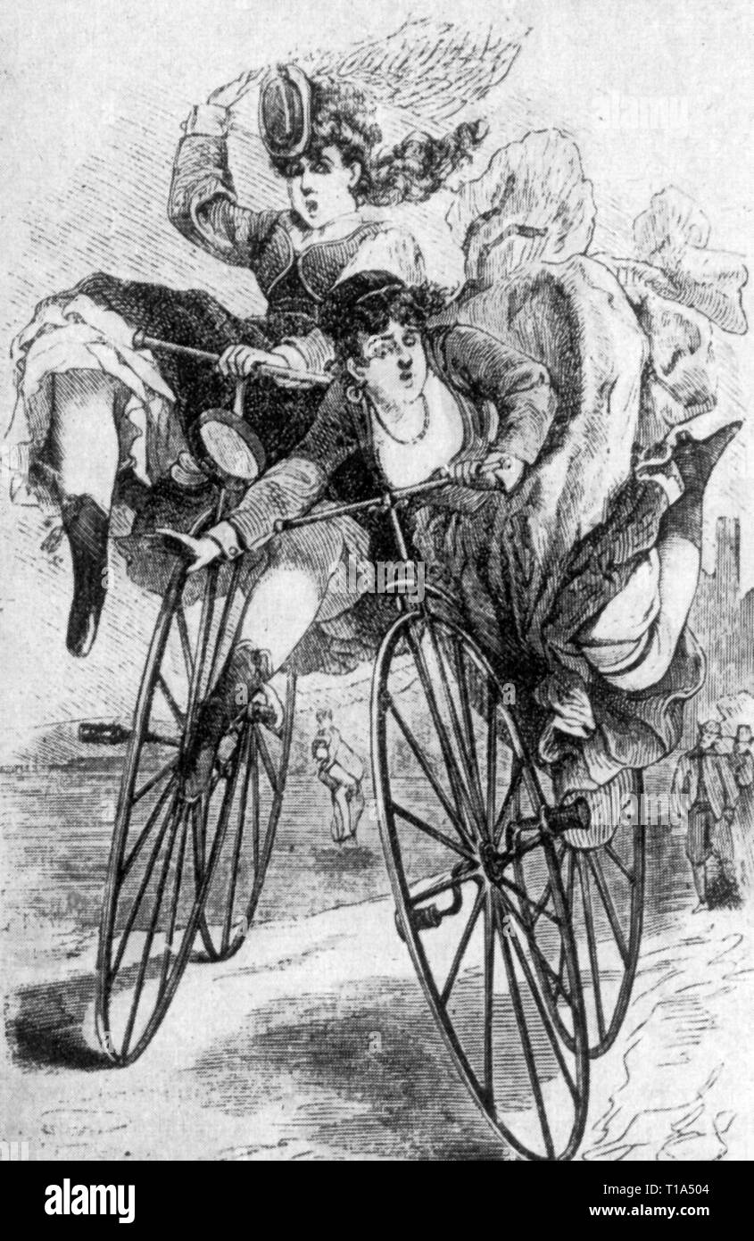 transport / transportation, bicycle, velocipede, caricature, Quiff Prospects for dashing Velocipede Ladies, drawing, Vienna, 1869, Artist's Copyright has not to be cleared Stock Photo