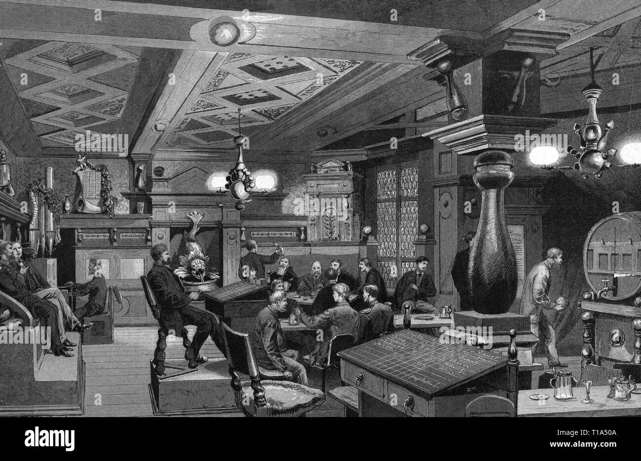 geography / travel, Germany, North Rhine-Westphalia,Düsseldorf, building, clubhouse of the artist association Malkasten, built 1864 - 1867, interior view, bowling alley, based on drawing by Themistokles von Eckenbrecher (1842 - 1921), wood engraving, from: 'Die Gartenlaube', Leipzig, 1885, Artist's Copyright has not to be cleared Stock Photo