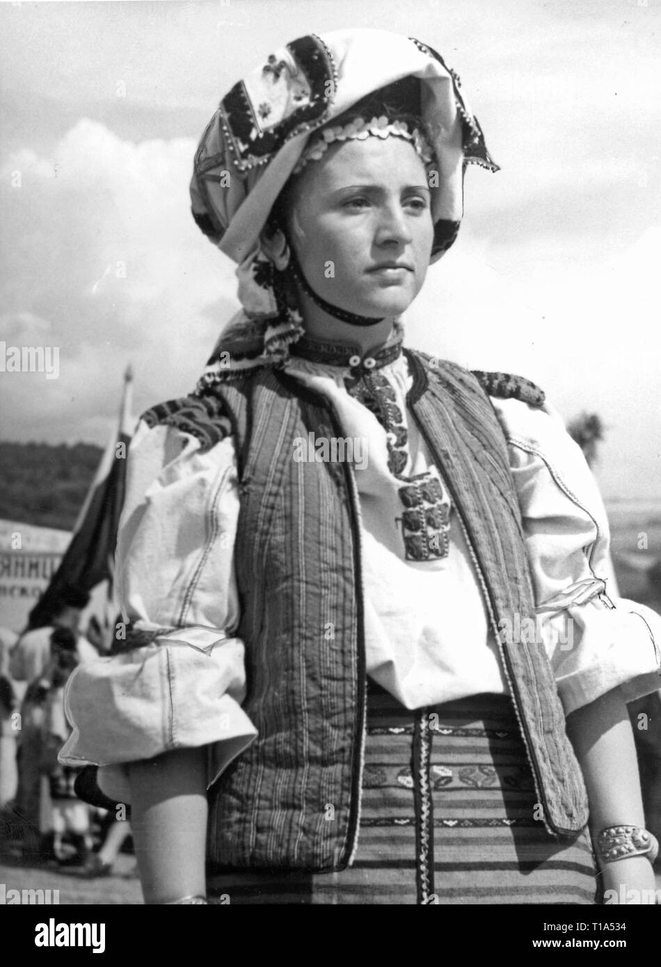 geography / travel historic, Bulgaria, folklore, Bulgarian woman in national costume, circa 1935, Additional-Rights-Clearance-Info-Not-Available Stock Photo