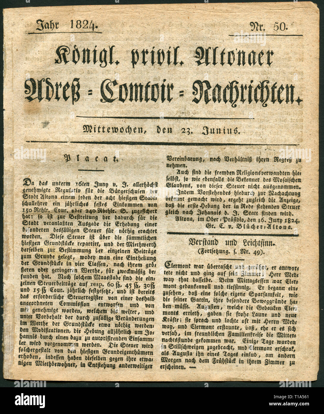 Germany, duchy Holstein, Hamburg, Altona, historical newspaper: 'Königl. privil. Altonaer-Comtoir-Nachrichten', No. 50, published 23.6.1824, Additional-Rights-Clearance-Info-Not-Available Stock Photo