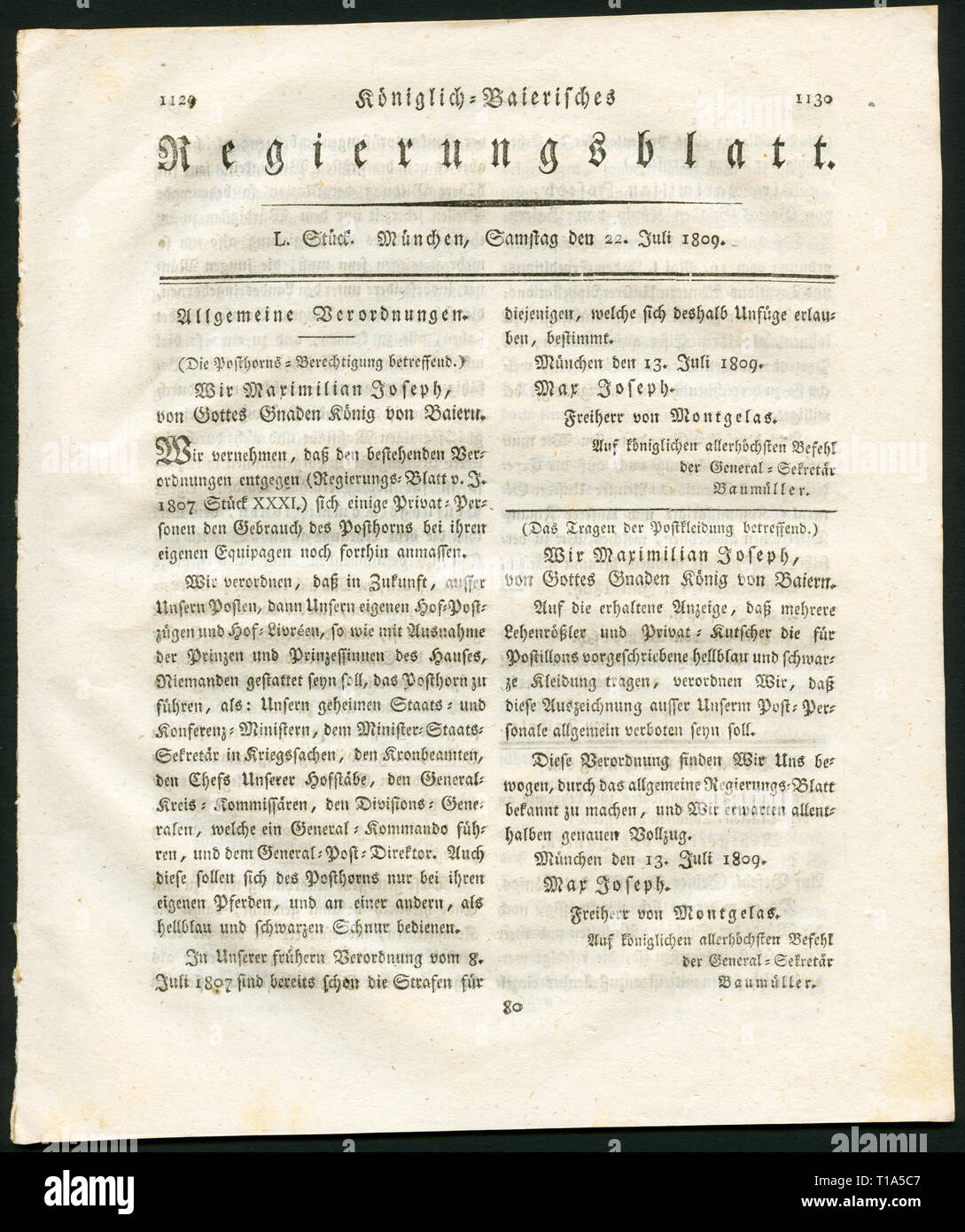 Germany, Bavaria, Munich, historical newspaper with the titl 'Königlich-Baierisches Regierungsblatt ' (Royal-Bavarian goverment newspaper), Munich, published 22.7.1809, Additional-Rights-Clearance-Info-Not-Available Stock Photo