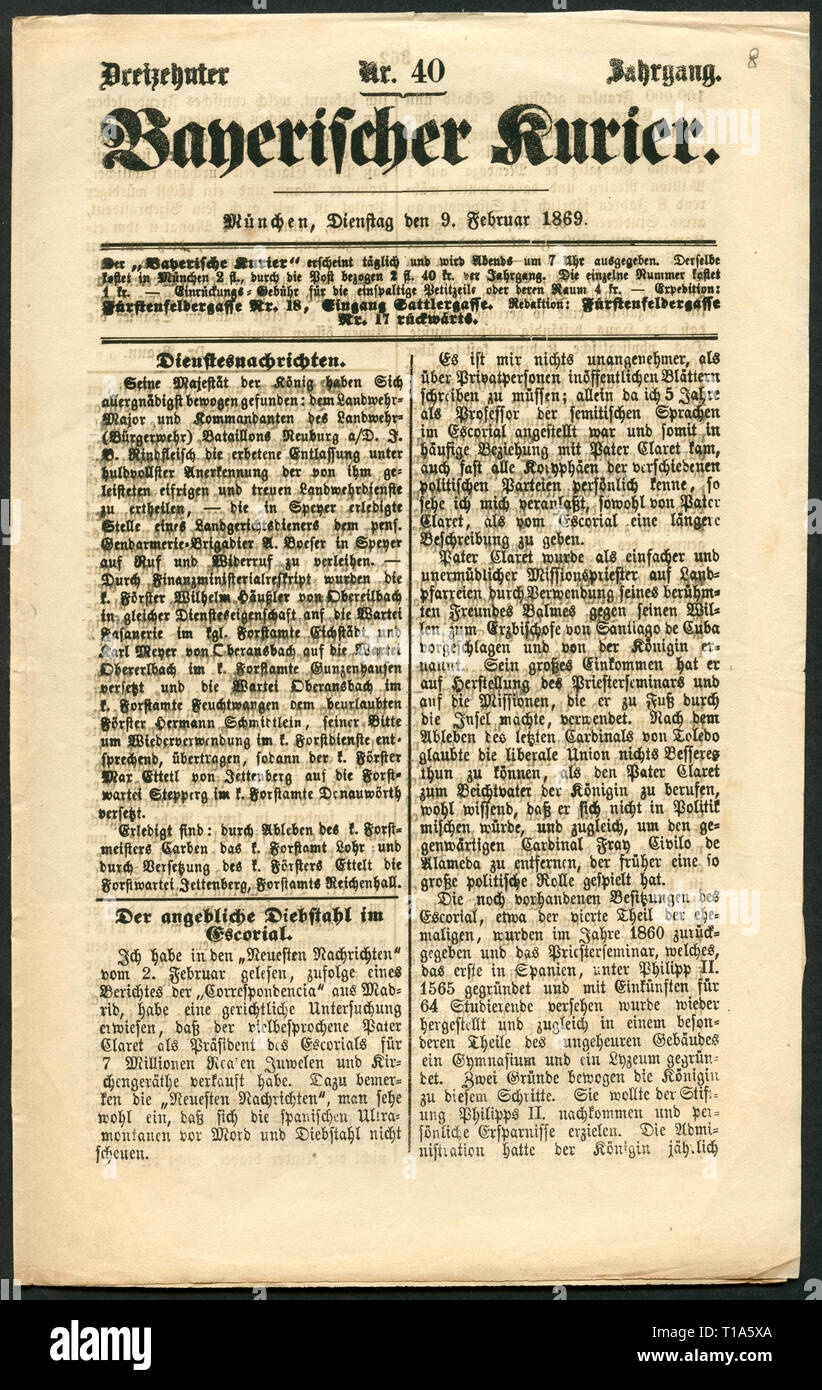 Germany, Bavaria, Munich, historical newspaper: 'Bayerischer Kurier', No. 40, published 09.02.1869., Additional-Rights-Clearance-Info-Not-Available Stock Photo