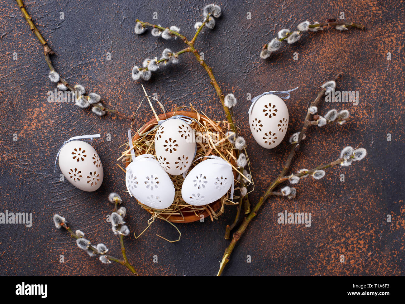 Easter background with willow and eggs Stock Photo - Alamy