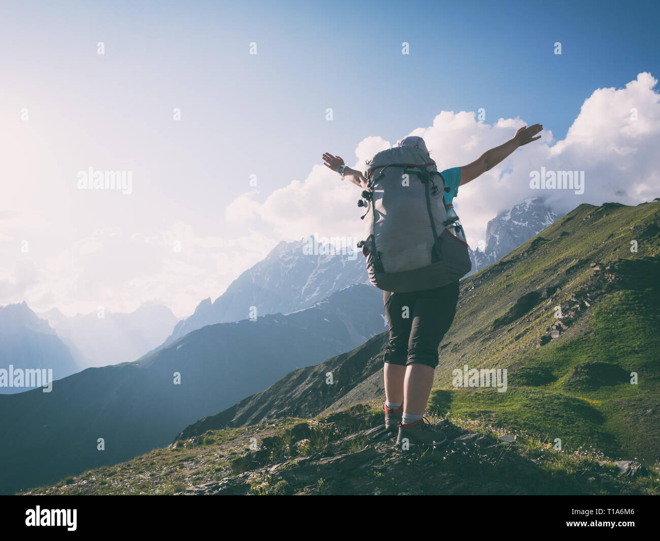 Woman hiking hike in mountains hi-res stock photography and images - Alamy