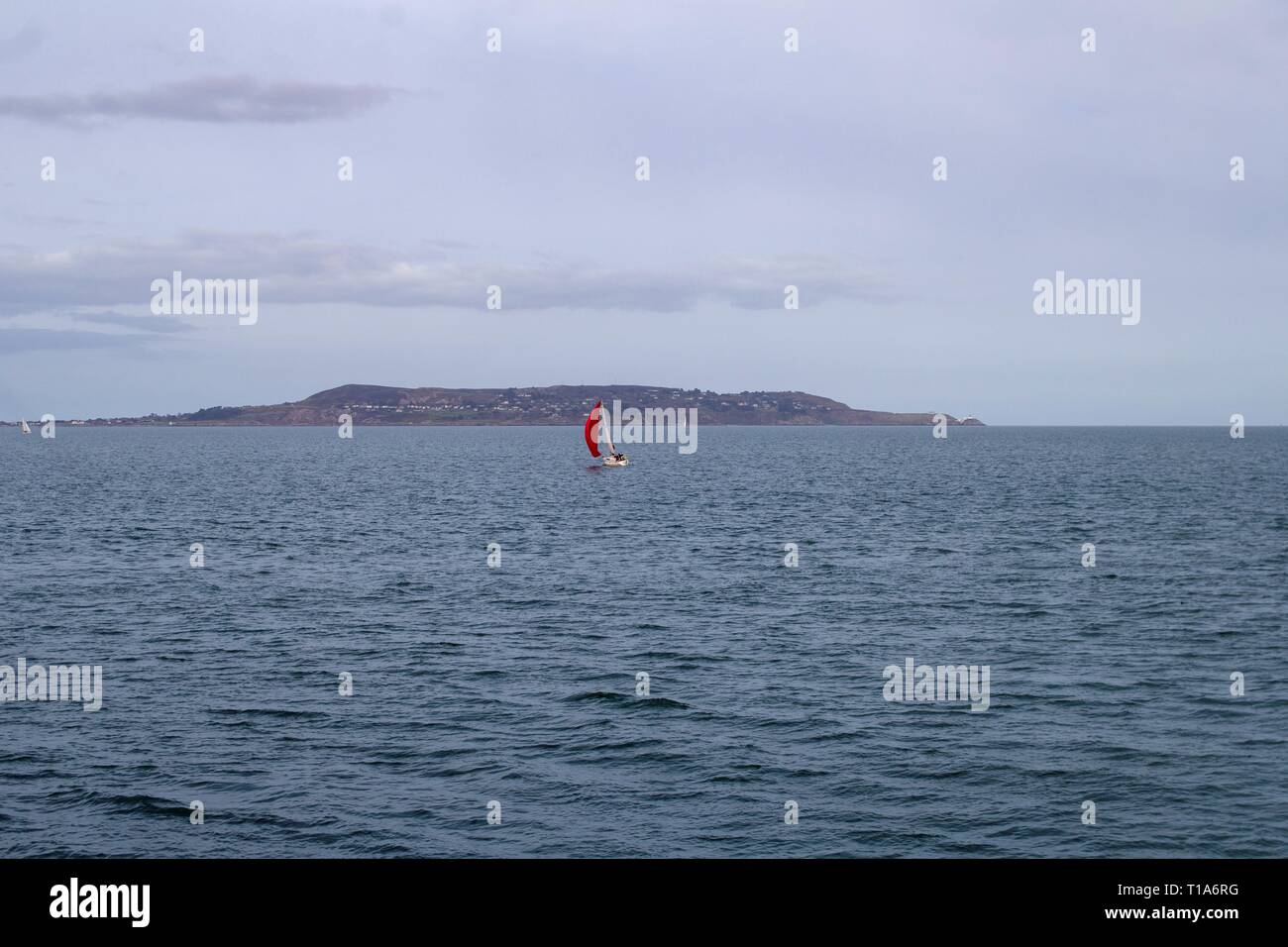 A yacht with a distinctive red sail sailing opposite Dun Laoghaire Harbour with Howth Head in the background. Stock Photo