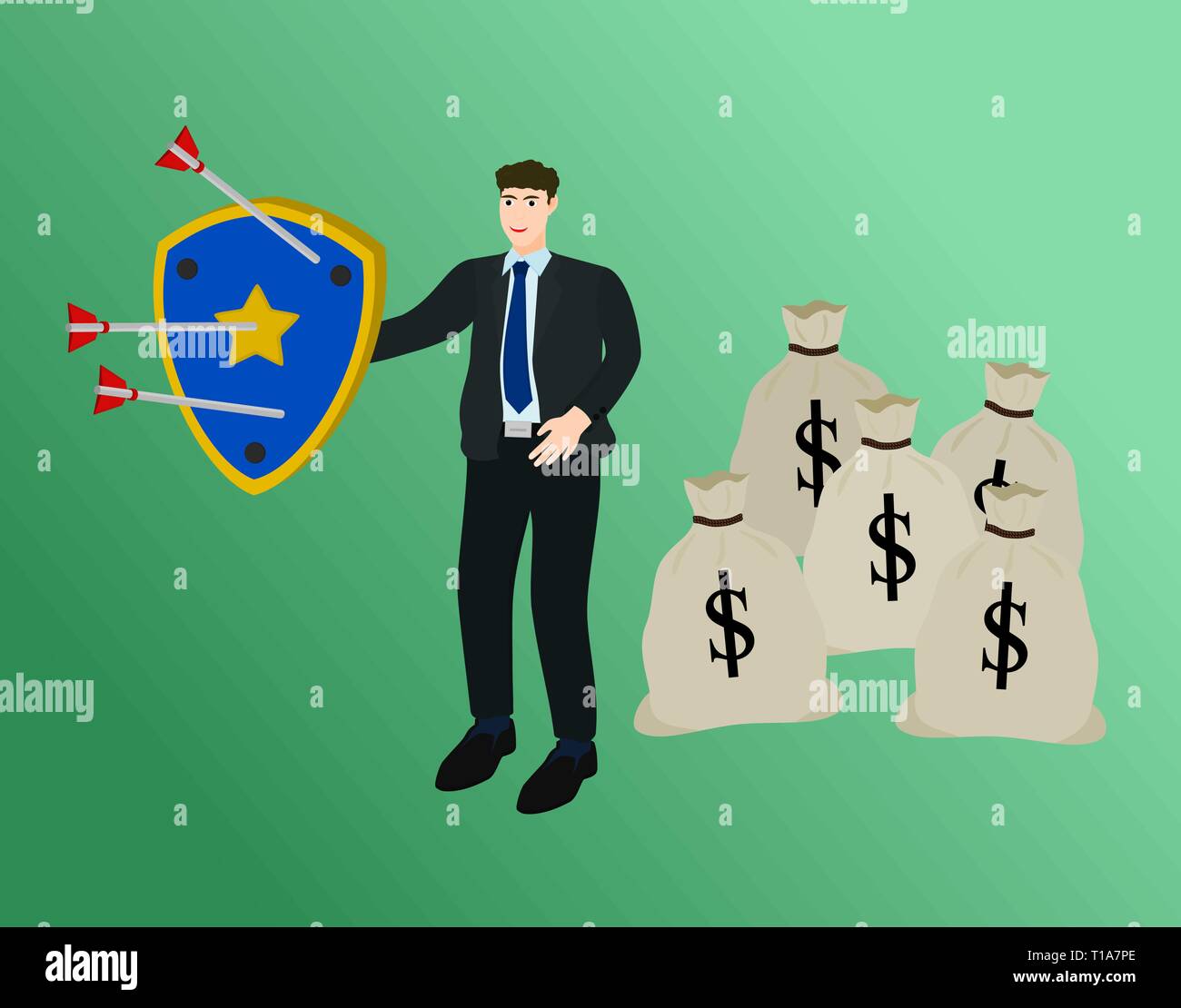 Businessman protect profit money with shield from arrow Stock Vector