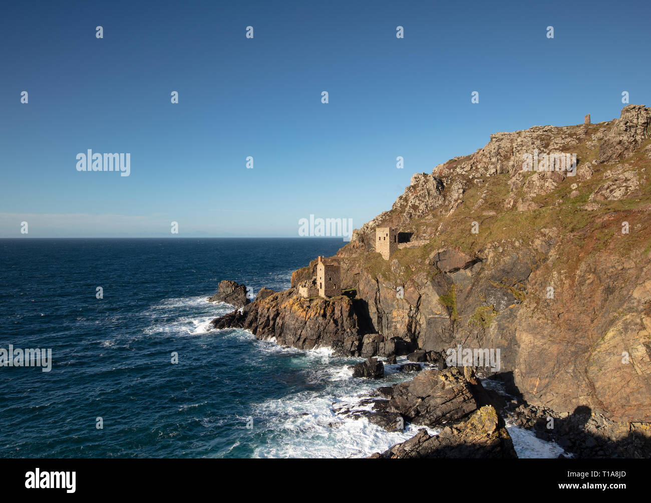 Botallack is a village in west Cornwall, United Kingdom. The village is in a former tin mining area situated between the town of St Just in Penwith an Stock Photo