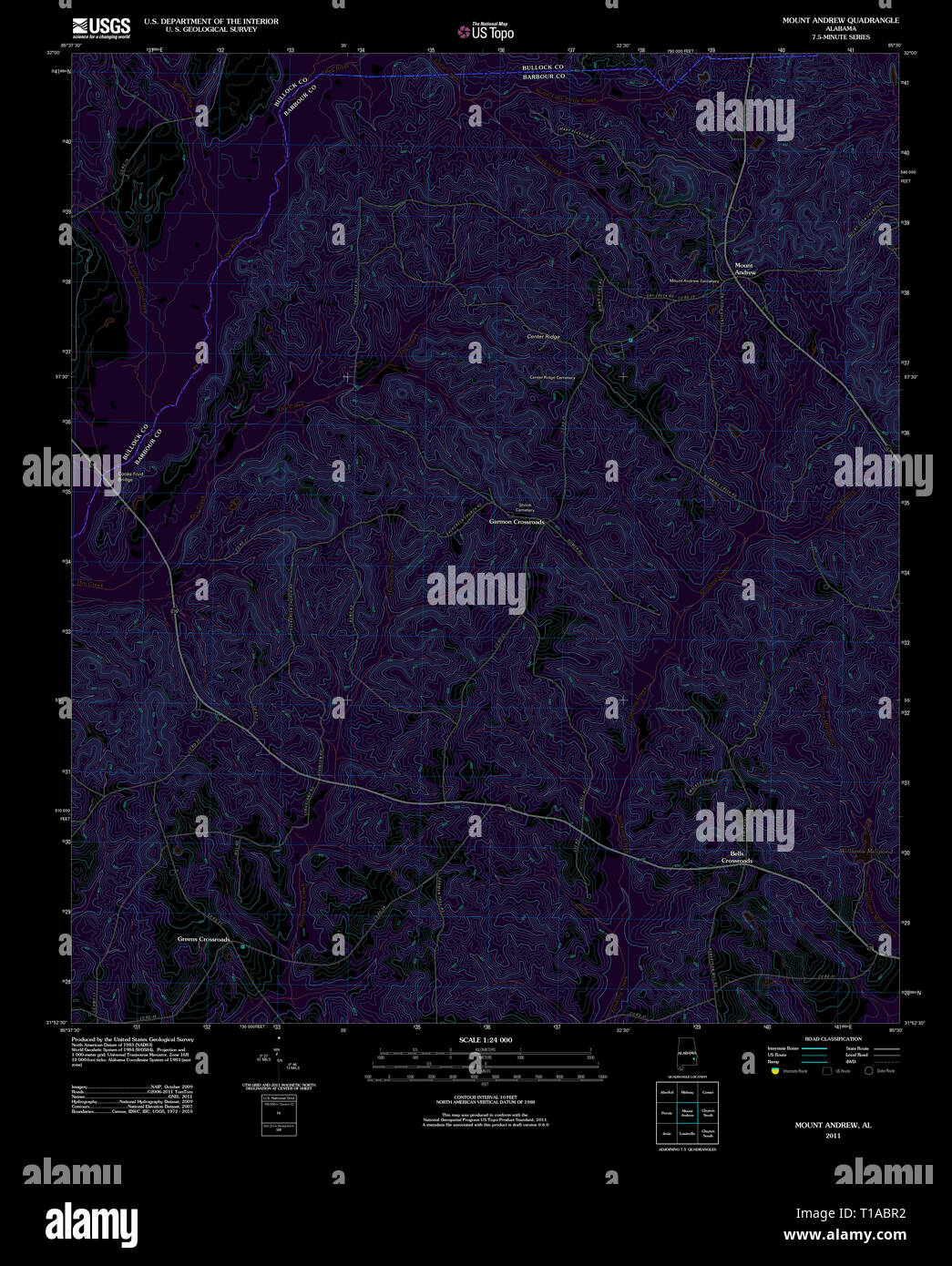 USGS TOPO Map Alabama AL Mount Andrew 20110912 TM Inverted Stock Photo ...