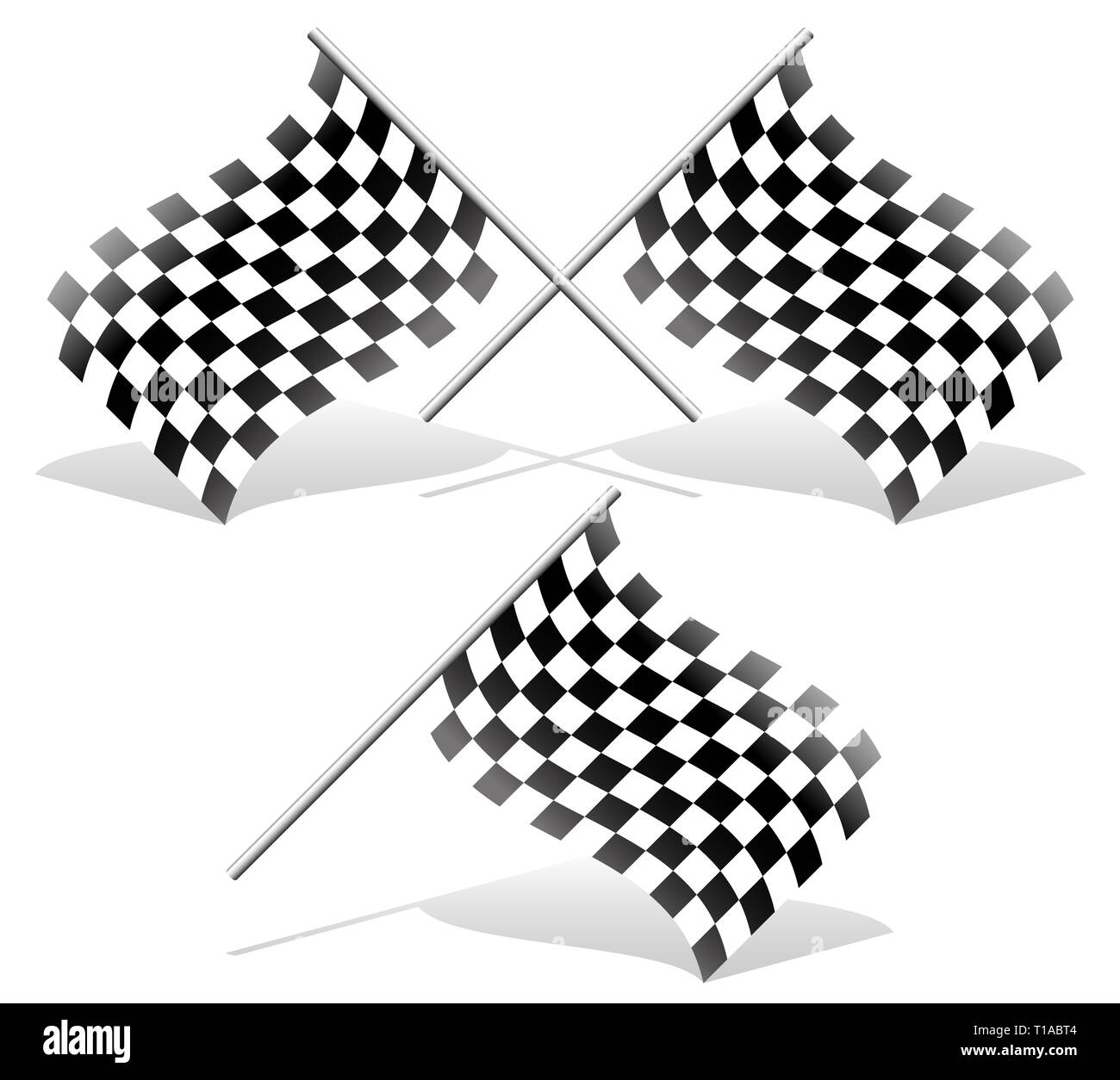 Checkered and single racing flags with shadows. Checkered racing flags