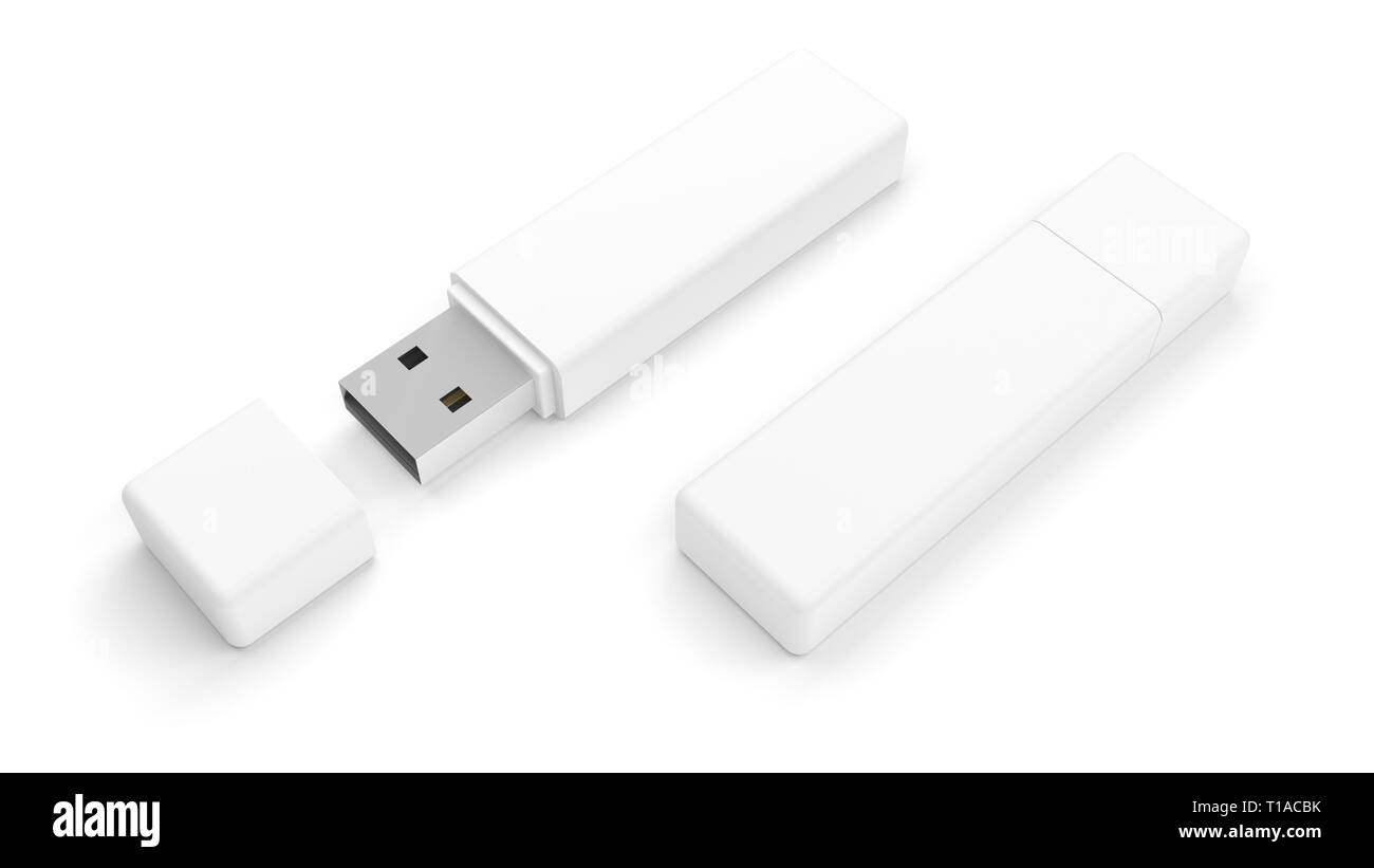 White USB flash drive isolated on white background. Pen drive. Flash stick. 3d illustration. Stock Photo