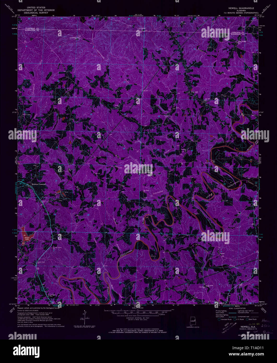 USGS TOPO Map Alabama AL Newell 304682 1969 24000 Inverted Stock Photo