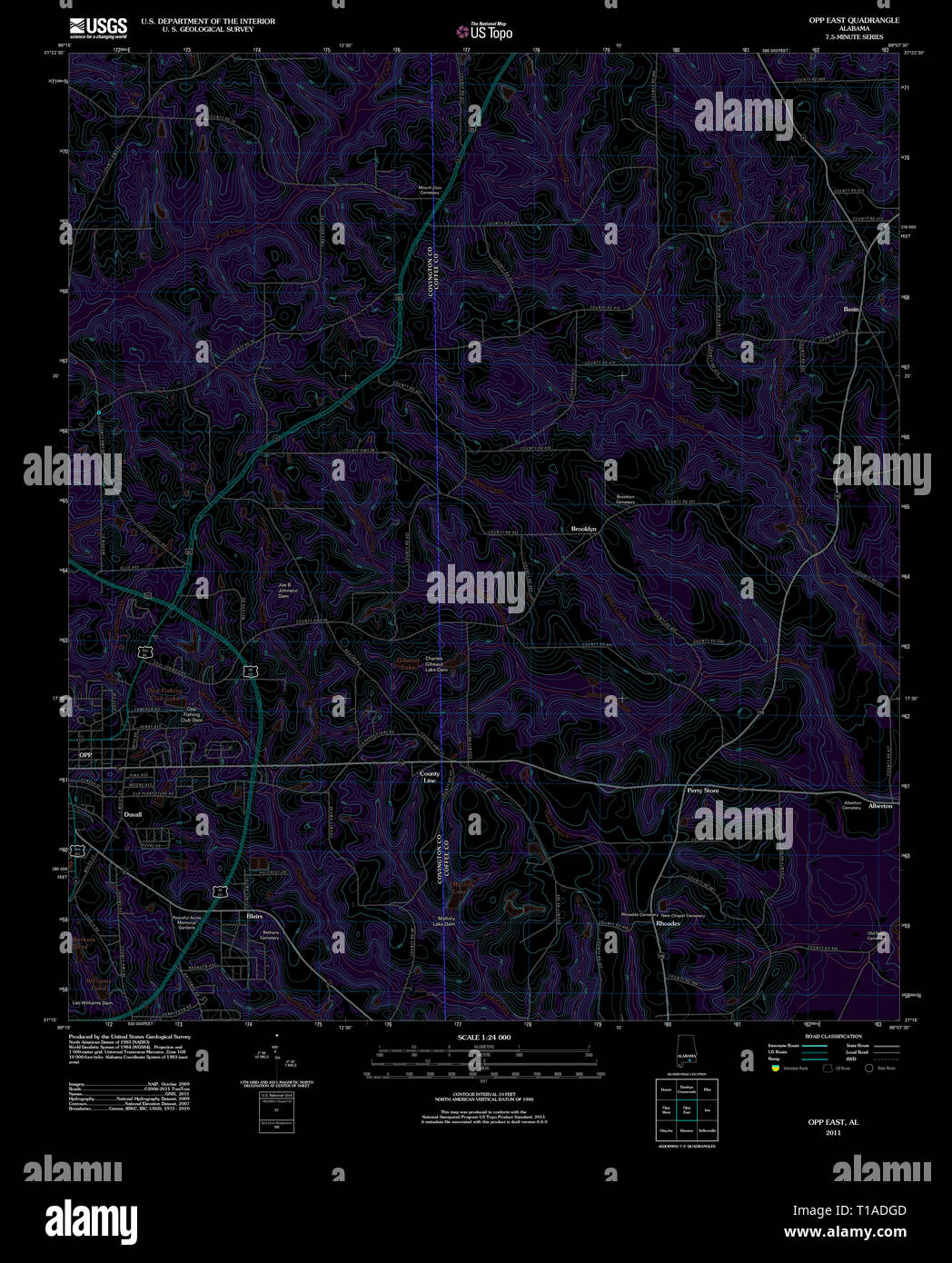 USGS TOPO Map Alabama AL Opp East 20110915 TM Inverted Stock Photo