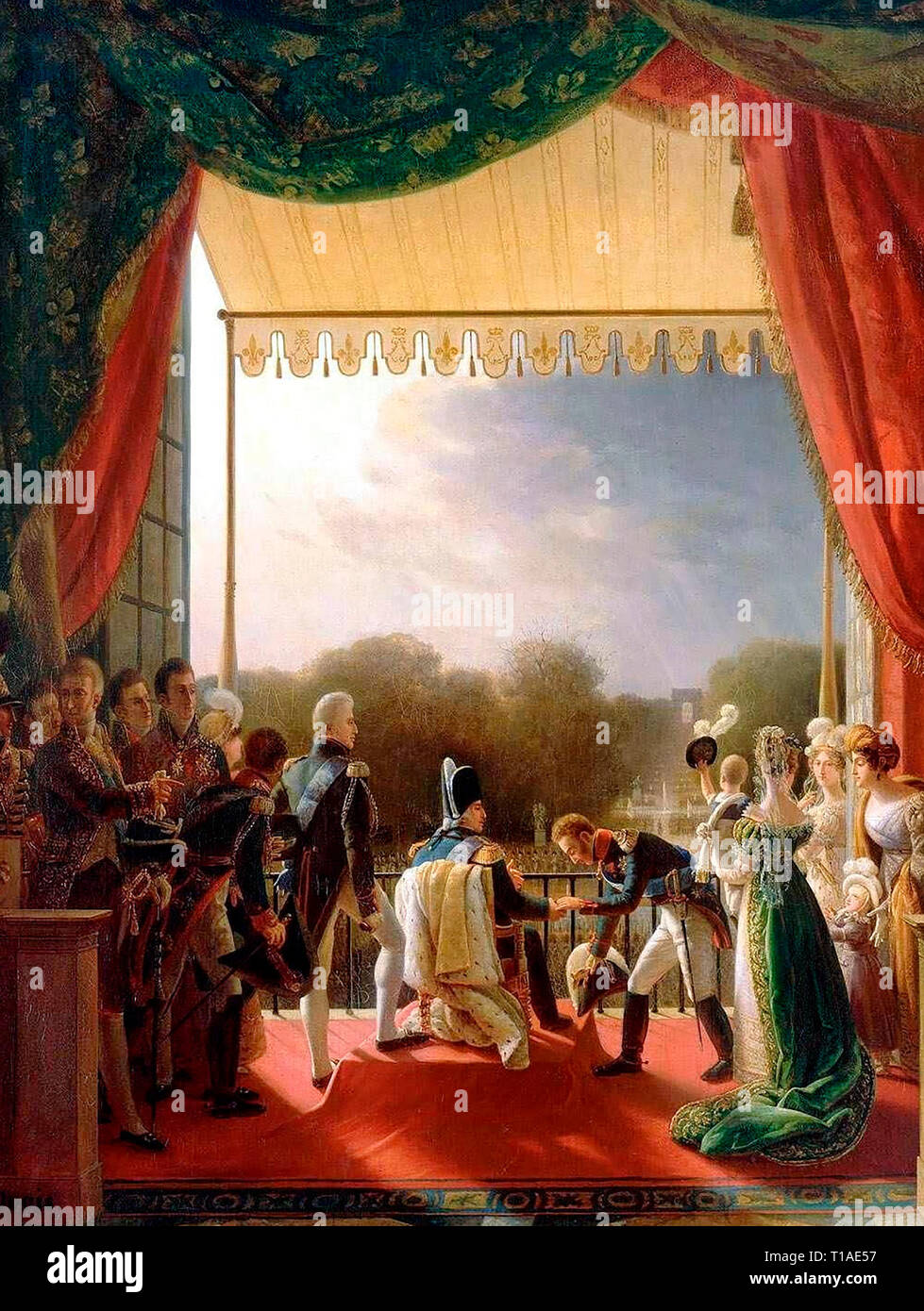 Portrait of Louis XVIII of France receiving Louis Antoine, Duke of Angoulême, on December 2, 1823, on a balcony of the Tuileries Palace after his successful military campaign in Spain. Louis Ducis Stock Photo