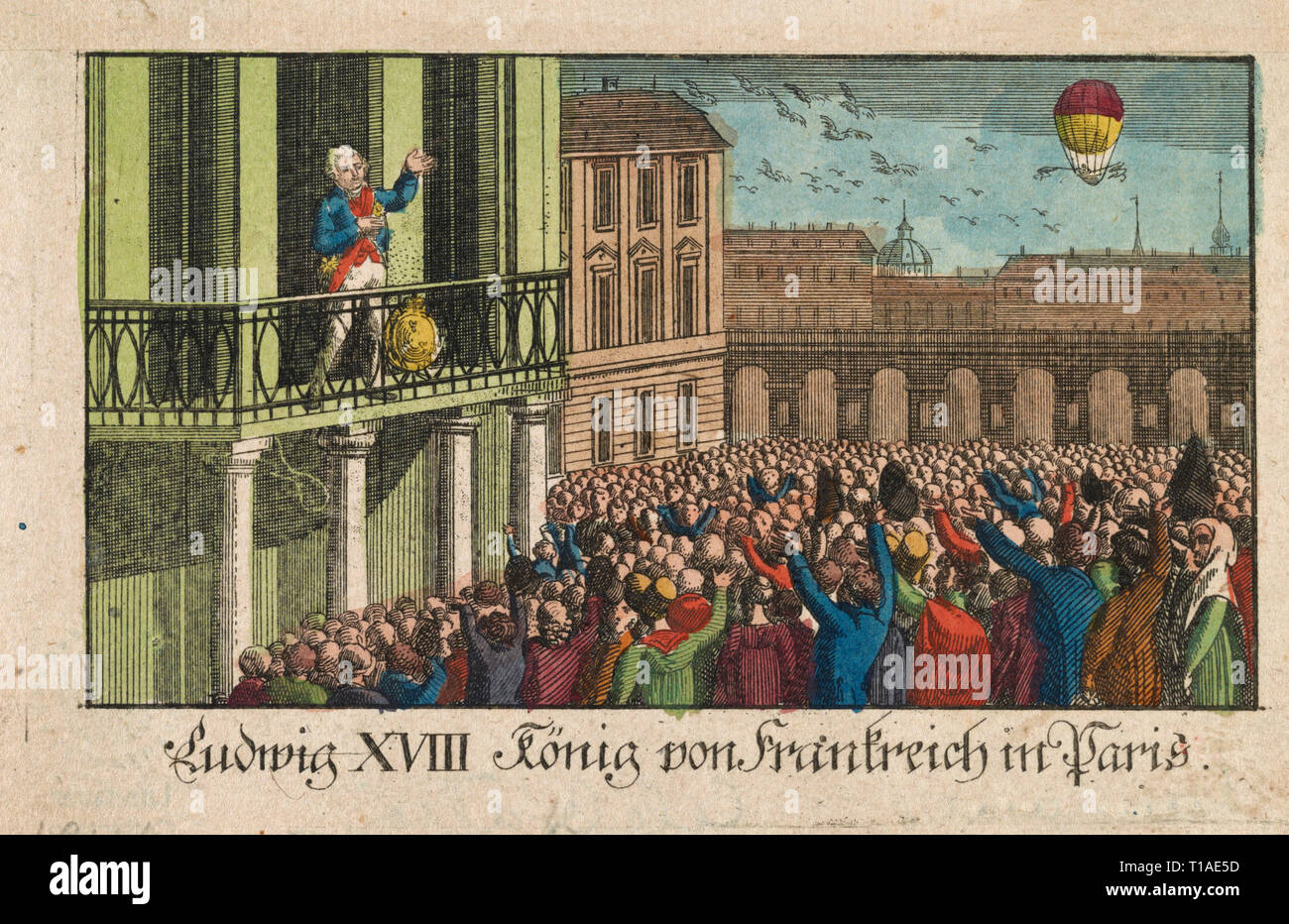 Print shows Madame Madeleine Sophie Blanchard in balloon above Pont Neuf, Paris, May 3, 1814, waving a flag in each hand to greet King Louis XVIII and the Queen on their return to Paris following the abdication of Napoleon. The King and Queen are seated in a carriage drawn by eight horses, escorted by cavalrymen. Stock Photo