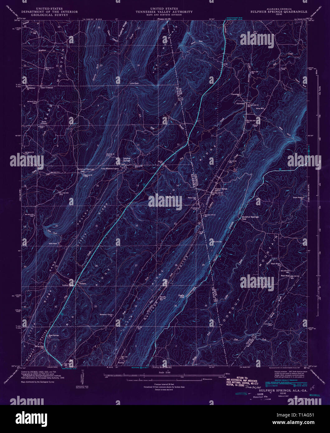 USGS TOPO Map Alabama AL Sulphur Springs 305127 1947 24000 Inverted ...