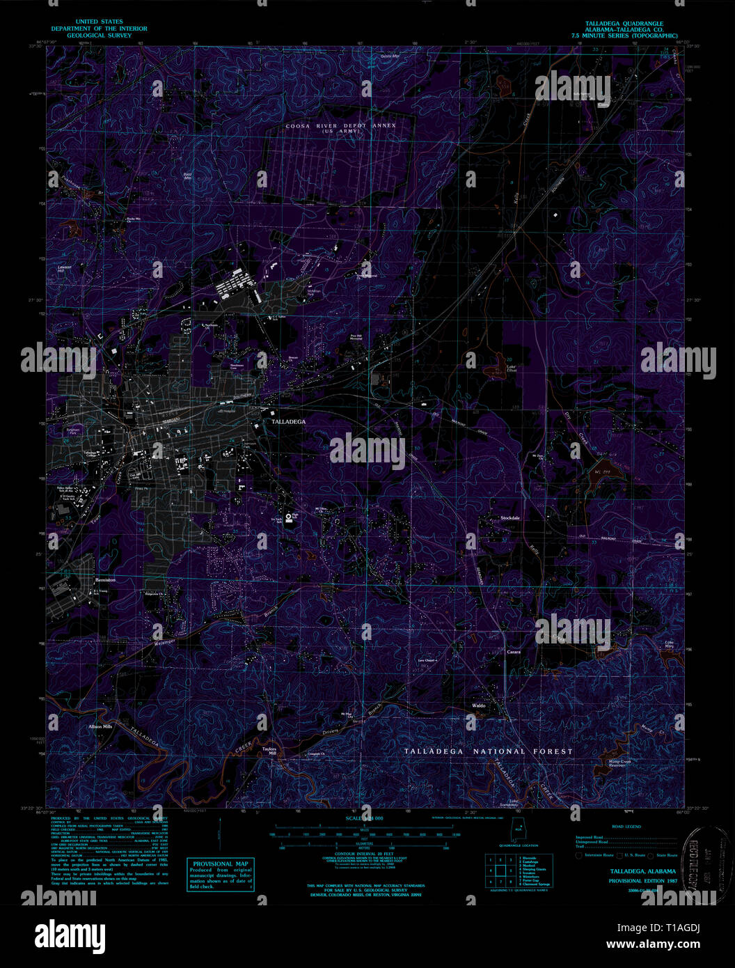 USGS TOPO Map Alabama AL Talladega 305163 1987 24000 Inverted Stock Photo