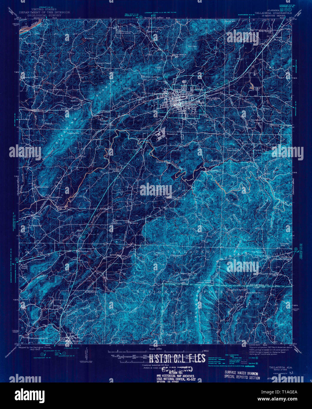 USGS TOPO Map Alabama AL Talladega 305705 1946 62500 Inverted Stock Photo