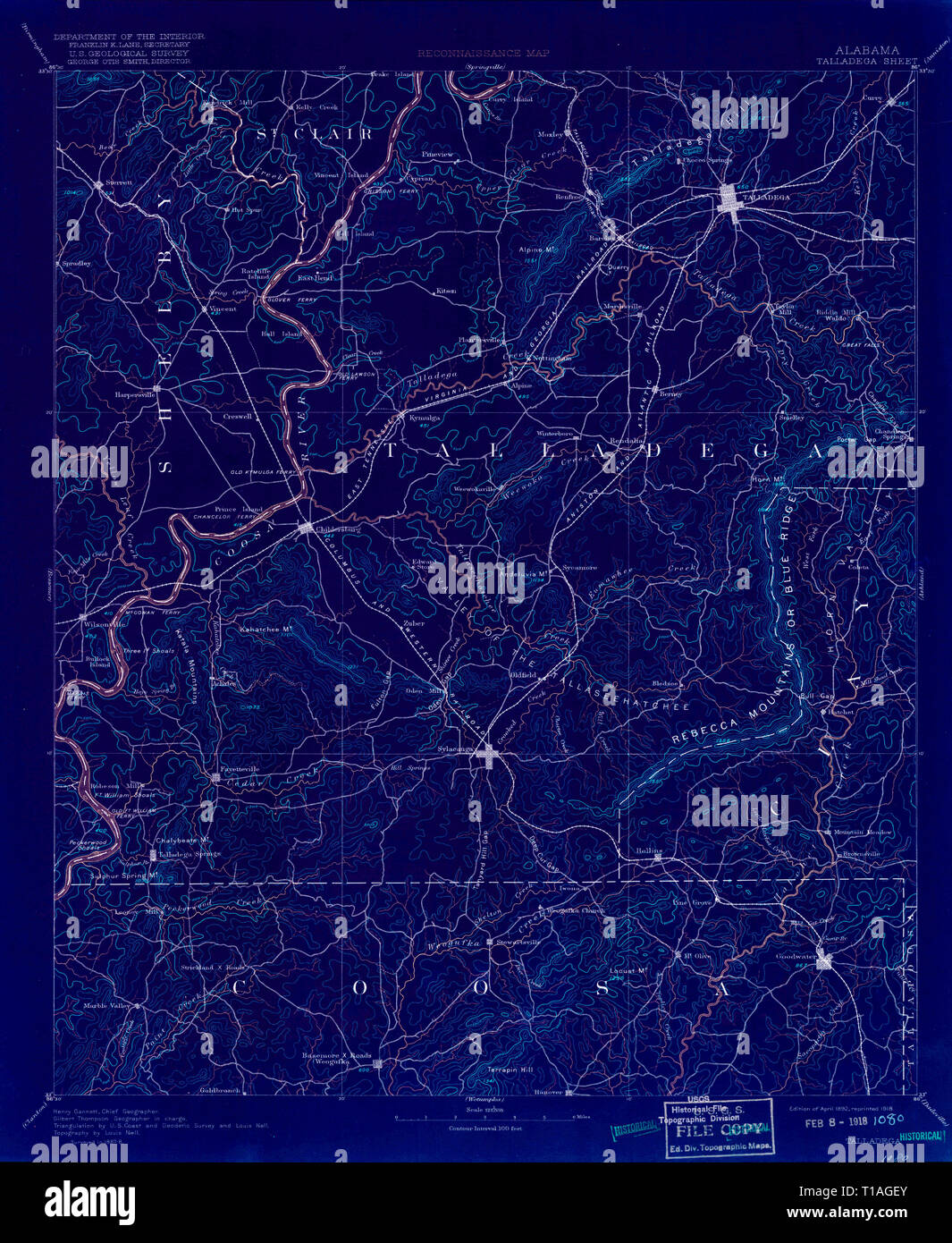 USGS TOPO Map Alabama AL Talladega 305886 1892 125000 Inverted Stock Photo