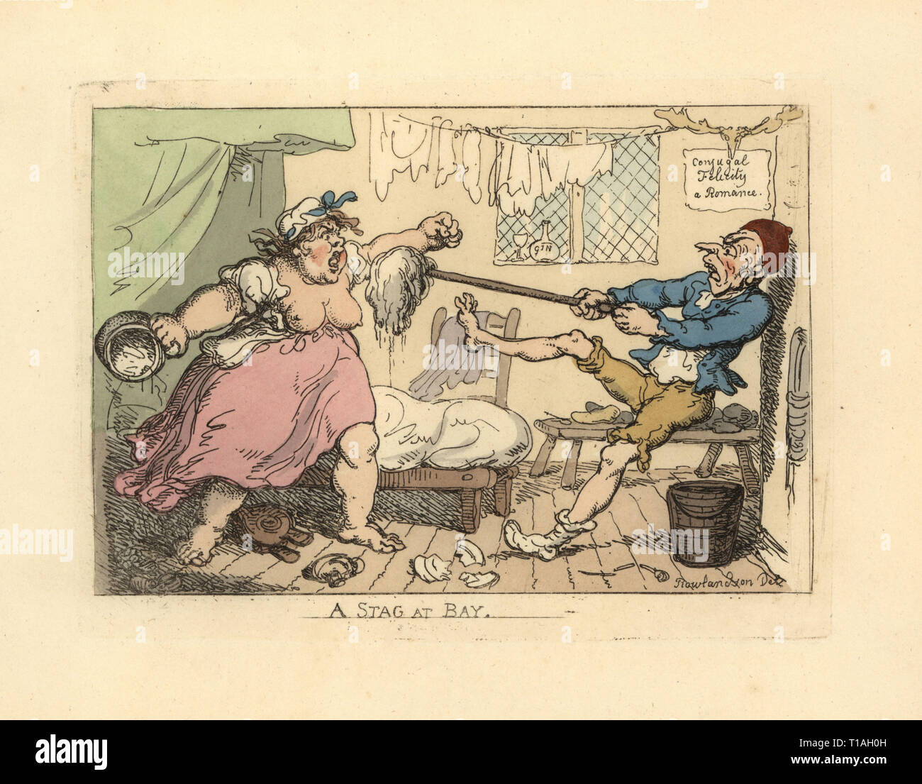 Husband holding off his angry wife with mop. A bottle of gin on the windowsill and a sign reading Conjugal Felicity a Romance. A Stag at Bay. Handcoloured copperplate engraving designed and etched by Thomas Rowlandson to accompany Reverend James Beresford’s Miseries of Human Life, Ackermann, 1808. Stock Photo