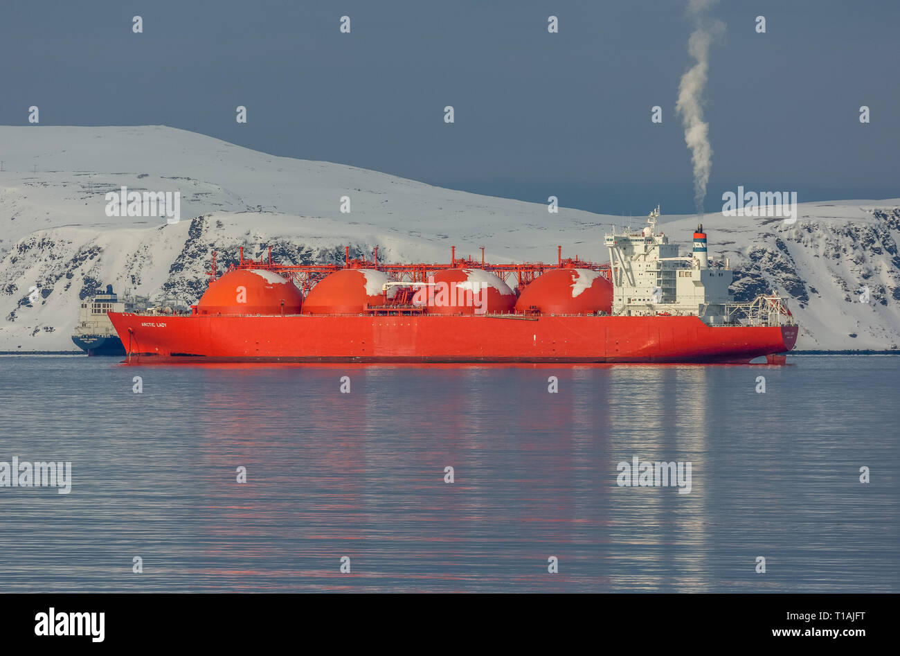 The Liquid Natural Gas, LNG, tanker Arctic Lady, anchored just outside the LNG Export Terminal at Hammerfest in Norway, during winter. Stock Photo