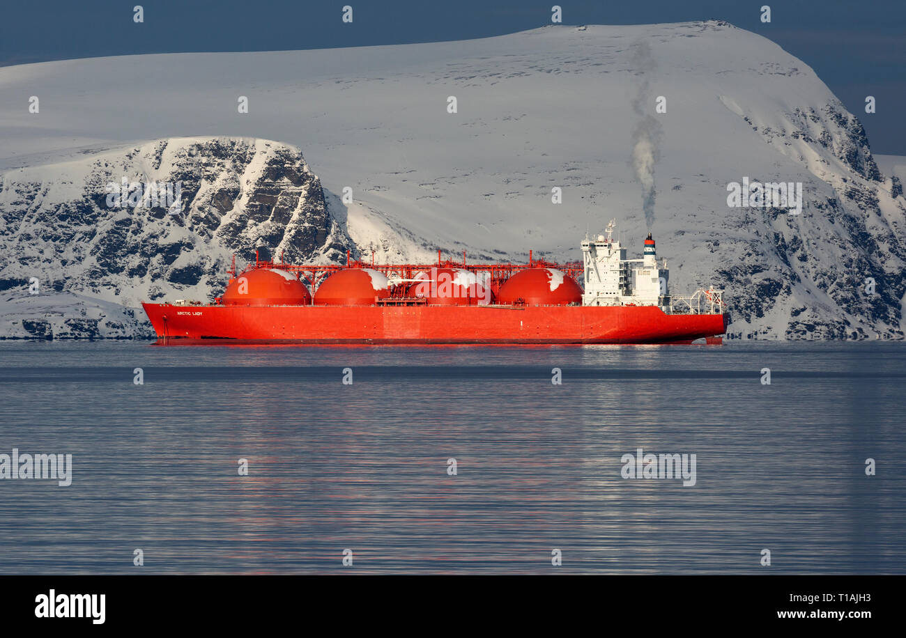 The Liquid Natural Gas, LNG, tanker Arctic Lady, anchored just outside the LNG Export Terminal at Hammerfest in Norway, during winter. Stock Photo