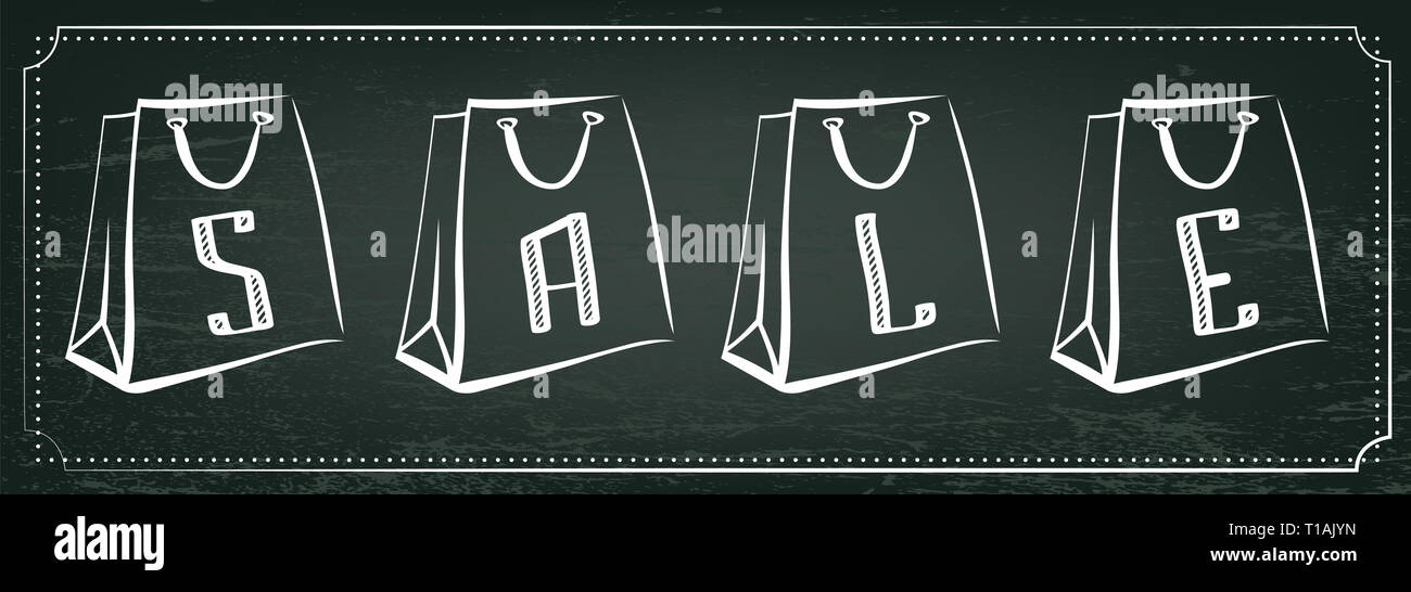 Vintage sale illustration. Chalkboard, chalk sale lettering, paper shopping bags Stock Photo Alamy