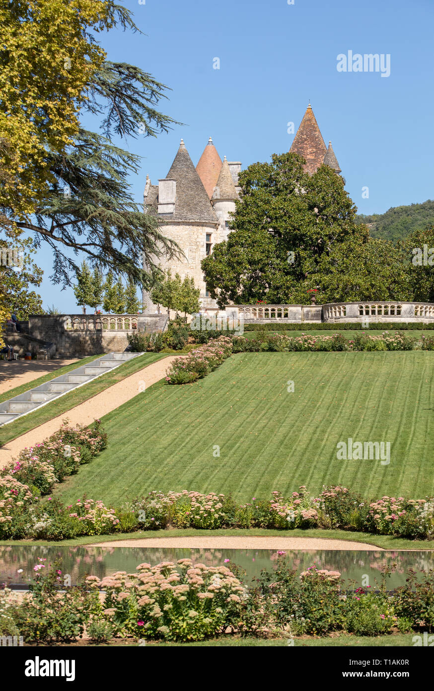 Milandes, France - September 4, 2018: the garden of Chateau des Milandes, a castle  in the Dordogne, from the forties to the sixties of the twentieth  Stock Photo