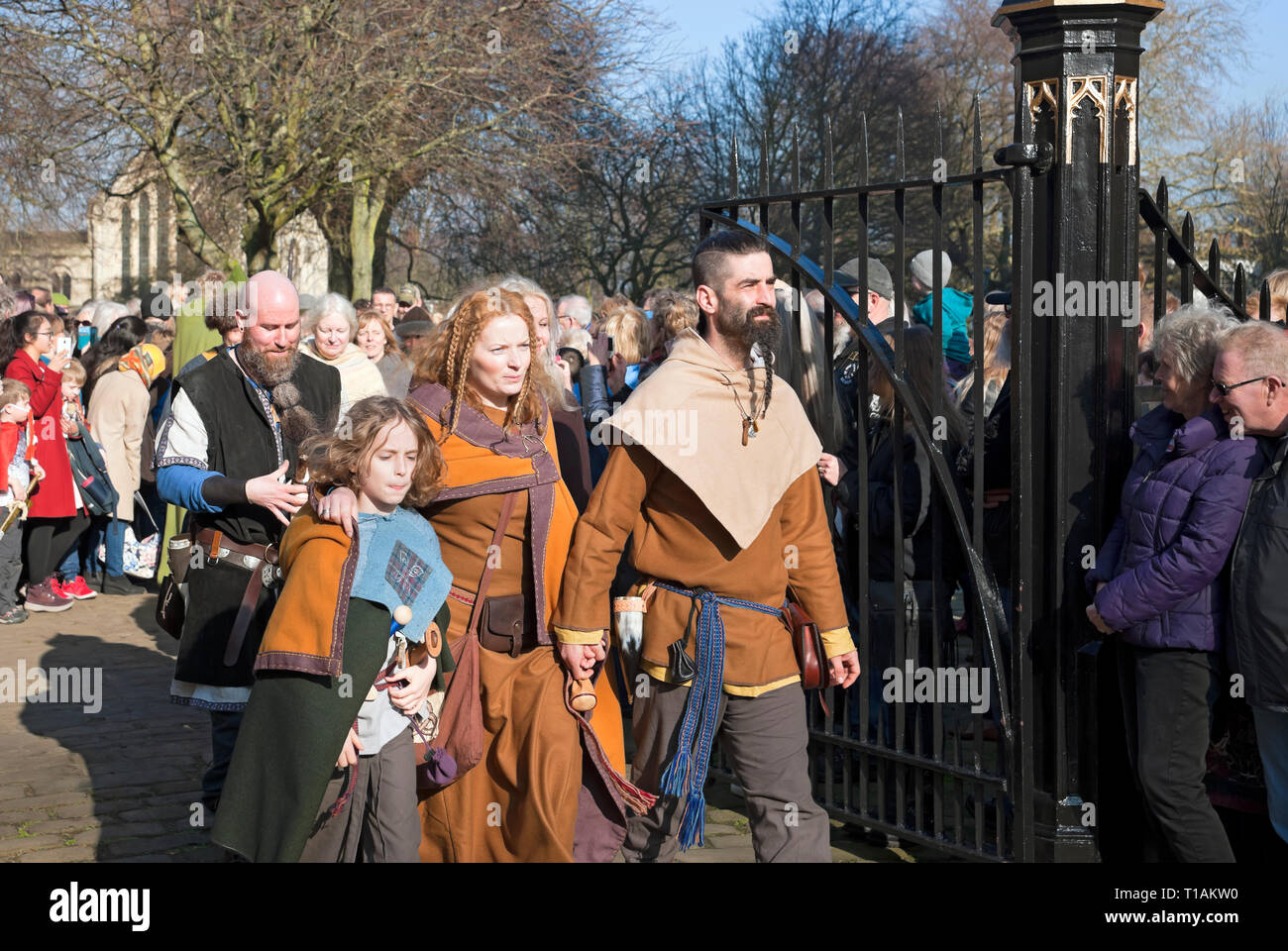 Procession of people in costume dressed as at the Viking Festival York North Yorkshire England UK United Kingdom GB Great Britain Stock Photo