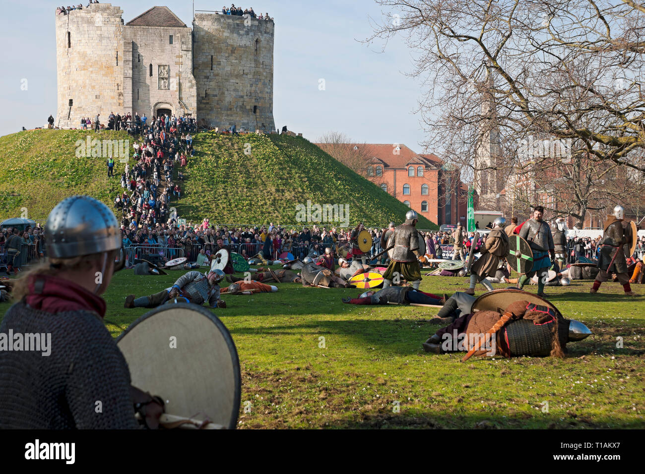People in costume dressed as Vikings and Anglo Saxons at the Viking Festival Clifford's Tower York North Yorkshire England UK United Kingdom Britain Stock Photo