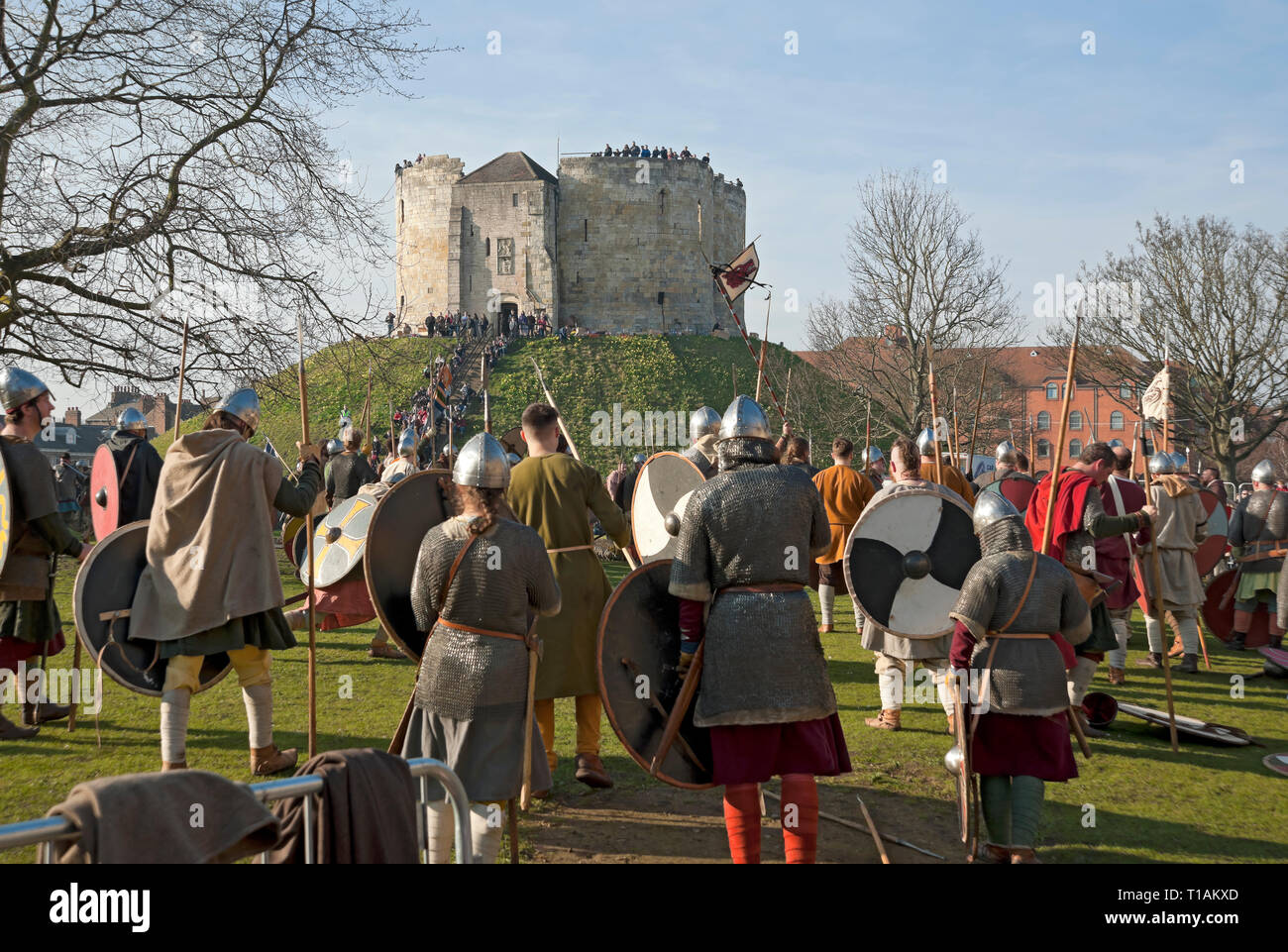People dressed as Vikings and Anglo Saxons at the Viking Festival Clifford's Tower York North Yorkshire England UK United Kingdom GB Great Britain Stock Photo