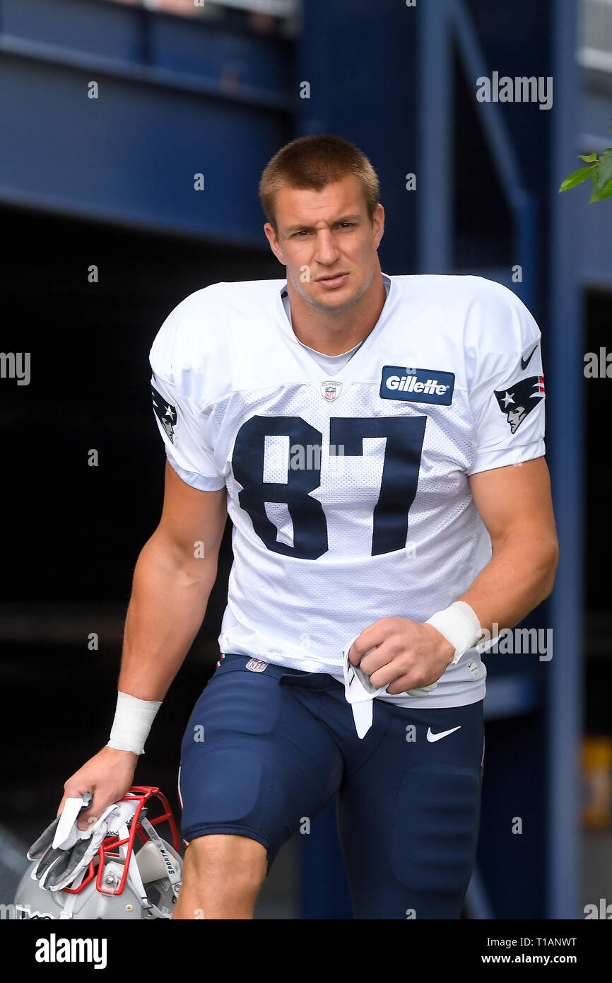 August 1, 2018: New England Patriots tight end Rob Gronkowski (87 heads to  practice at the New England Patriots training camp held on the practice  fields at Gillette Stadium, in Foxborough, Massachusetts.